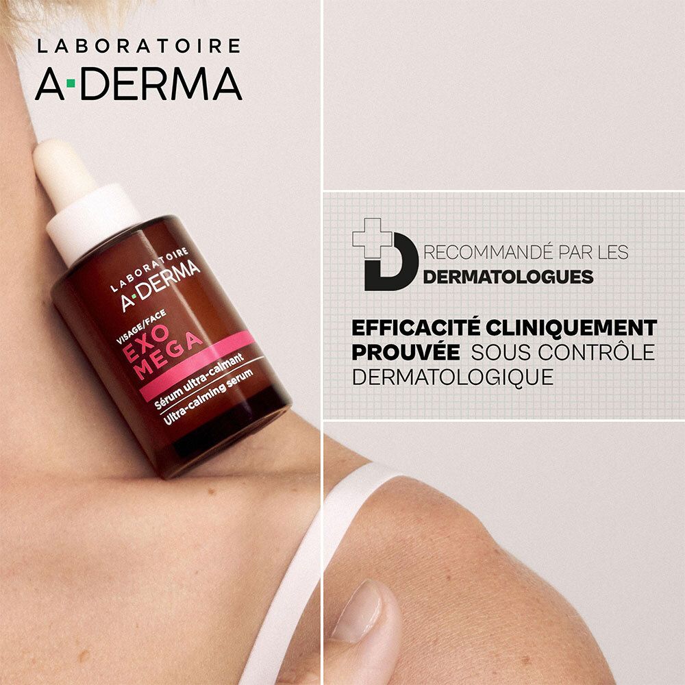 Flacon A-DERMA EXOMEGA SÉRUM CALMANT appliqué sur la peau. "RECOMMANDÉ PAR LES DERMATOLOGUES".