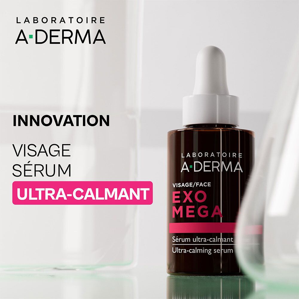 Flacon A-DERMA EXOMEGA SÉRUM CALMANT en environnement de laboratoire. "INNOVATION VISAGE SÉRUM ULTRA-CALMANT".