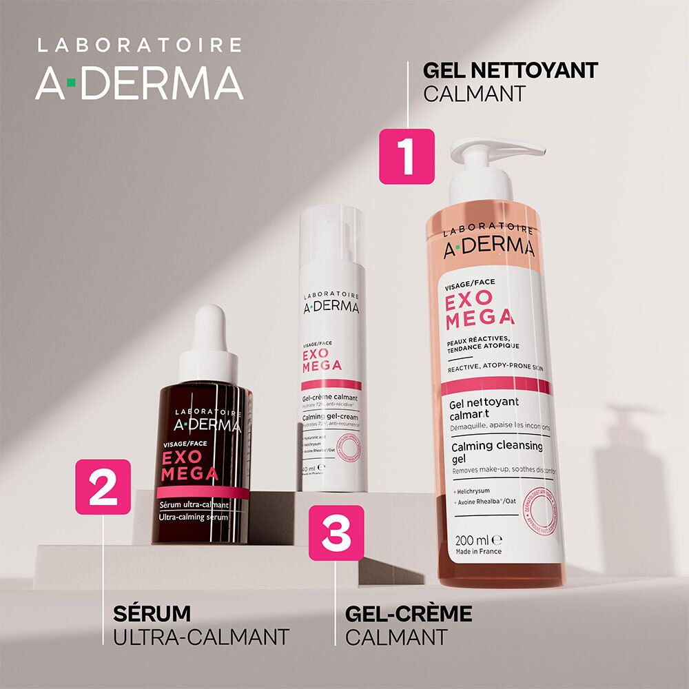 Gamme de produits A-DERMA EXOMEGA : "GEL NETTOYANT CALMANT", "SÉRUM ULTRA-CALMANT", "GEL-CRÈME CALMANT".