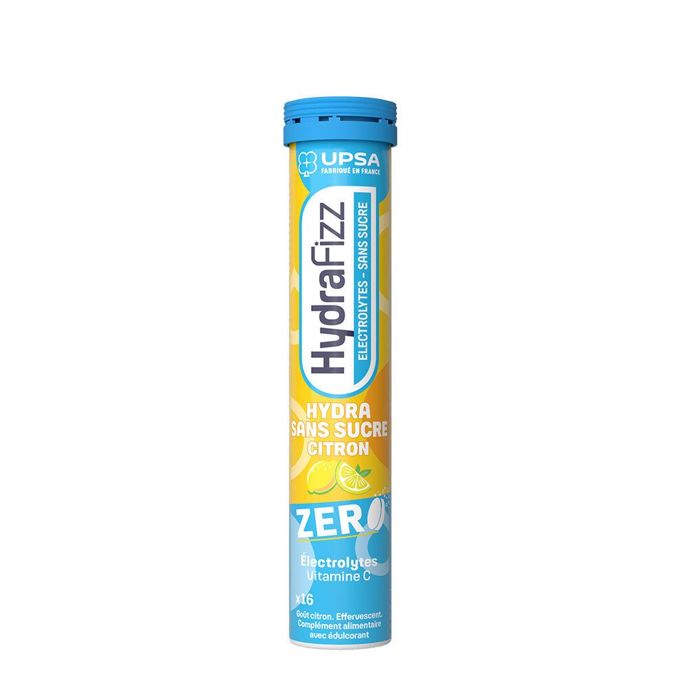 Tube de 15 comprimés effervescents, Hydrafizz, sans sucre, citron, électrolytes, vitamine C.