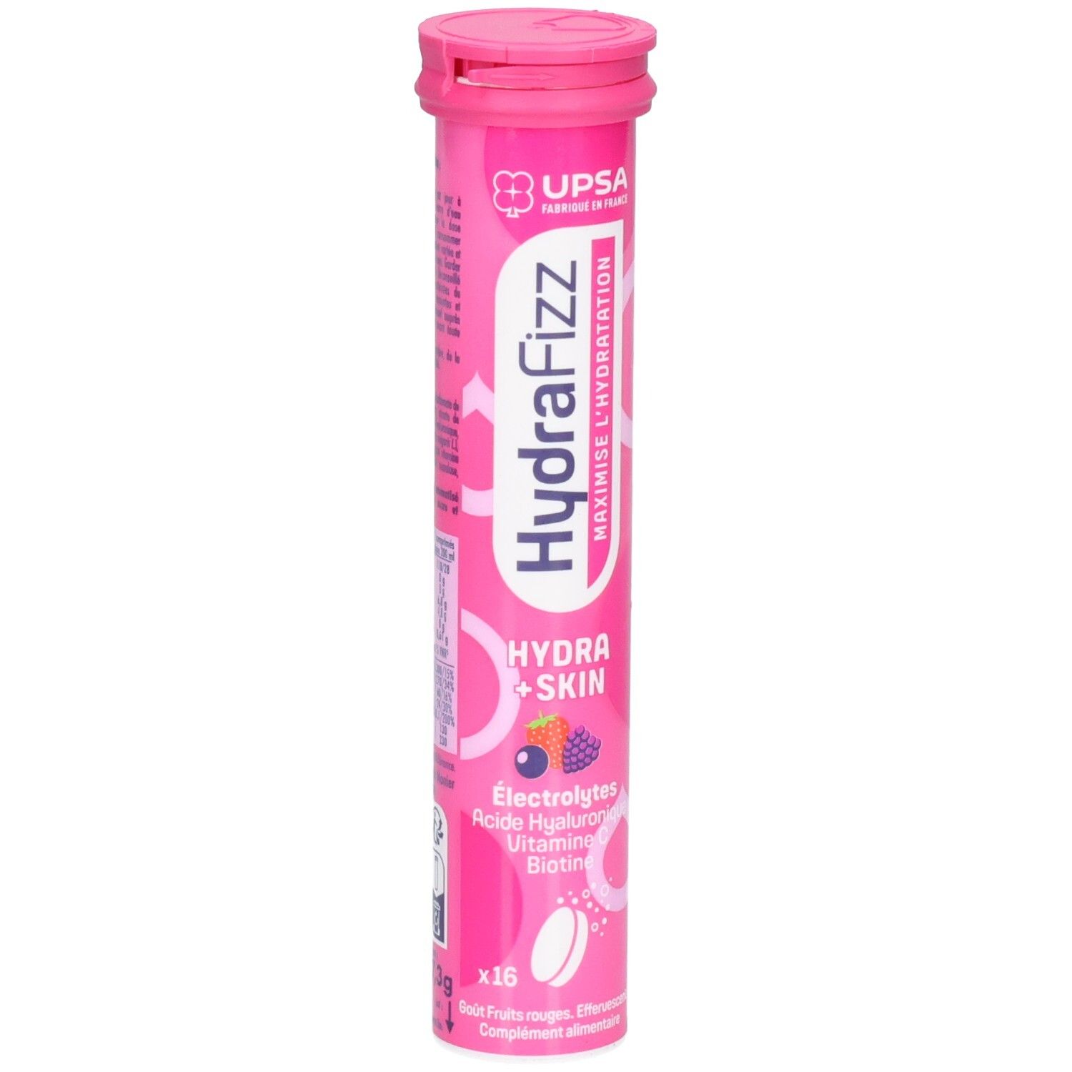 Tube rose de comprimés effervescents. Inscription HydraFizz, Hydra+Skin, Électrolytes, Acide hyaluronique, Vitamines, Biotine. 16 comprimés.