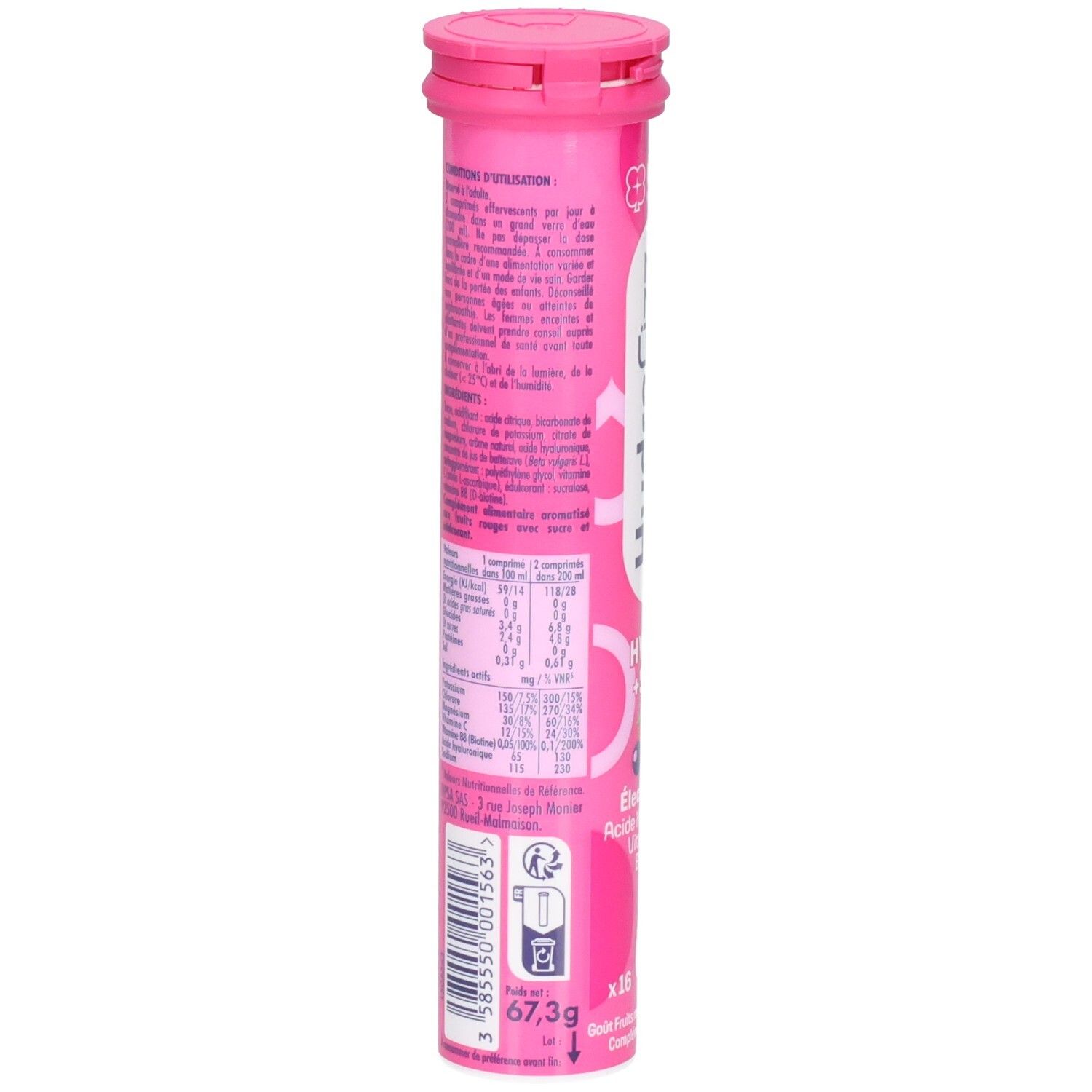 Dos de tube rose avec informations. Texte sur l'utilisation, informations nutritionnelles, ingrédients, informations fabricant et code-barres.