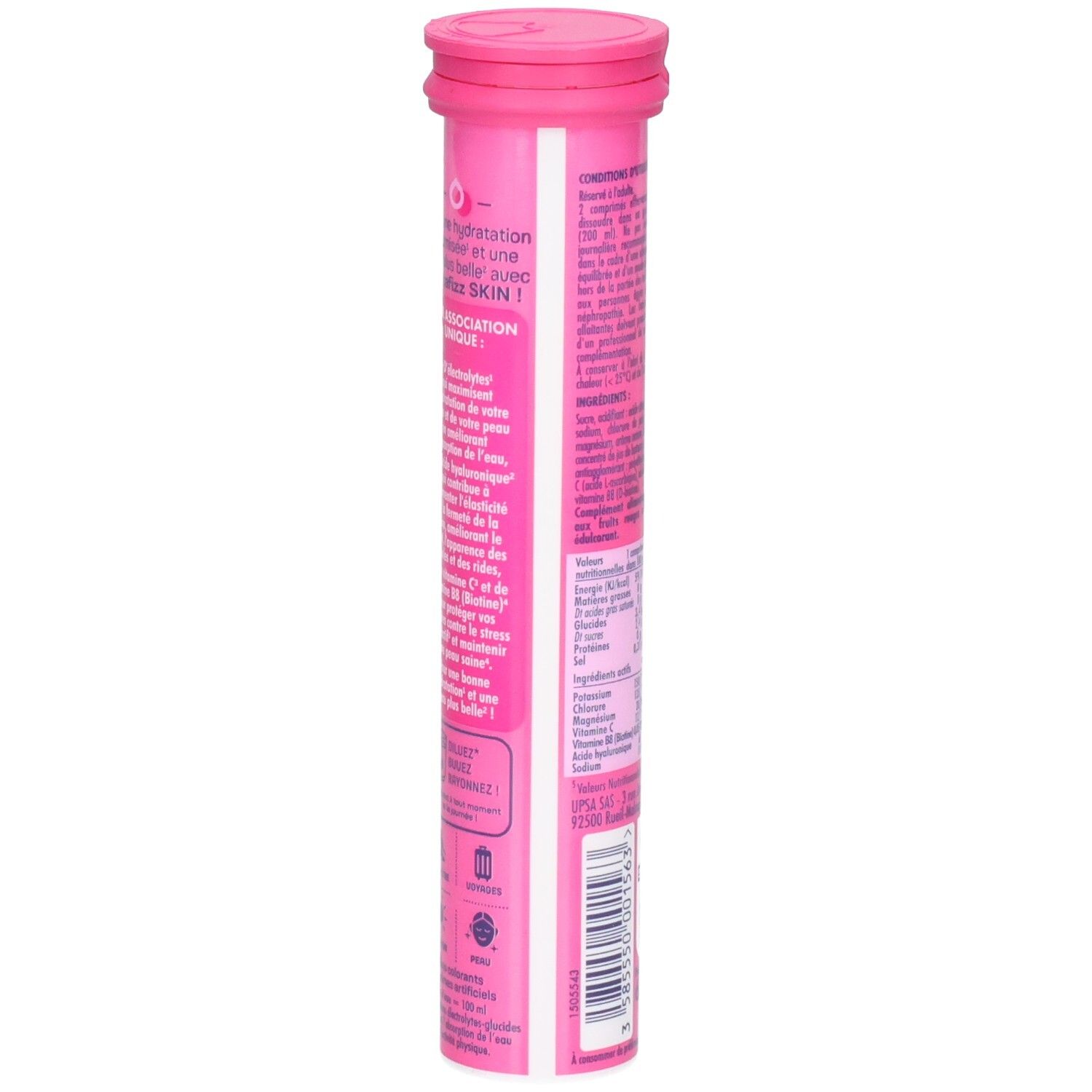 Vue latérale du tube rose. Texte sur les ingrédients, informations nutritionnelles et informations du fabricant. Code-barres.