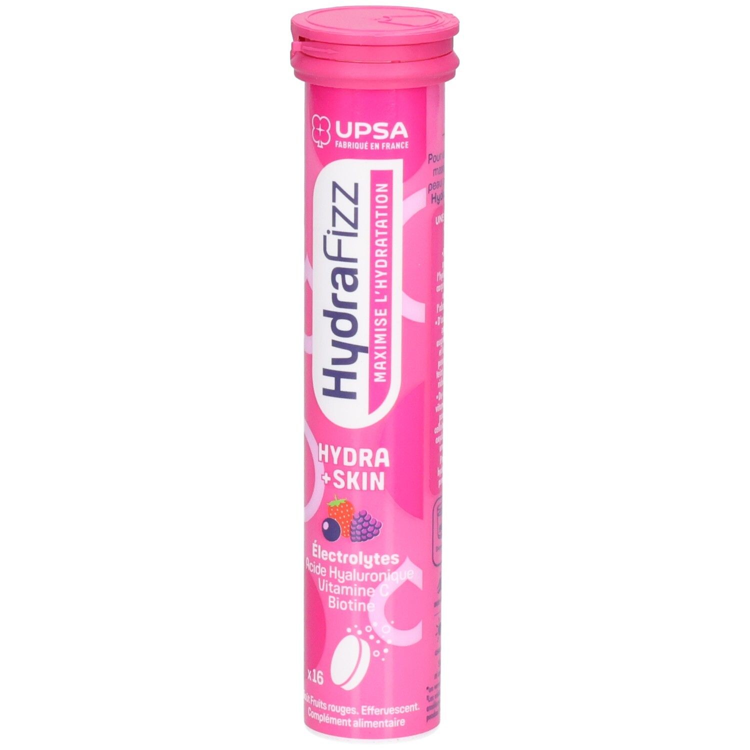 Tube rose de comprimés effervescents. Inscription HydraFizz, Hydra+Skin, Électrolytes, Acide hyaluronique, Vitamines, Biotine. 16 comprimés.