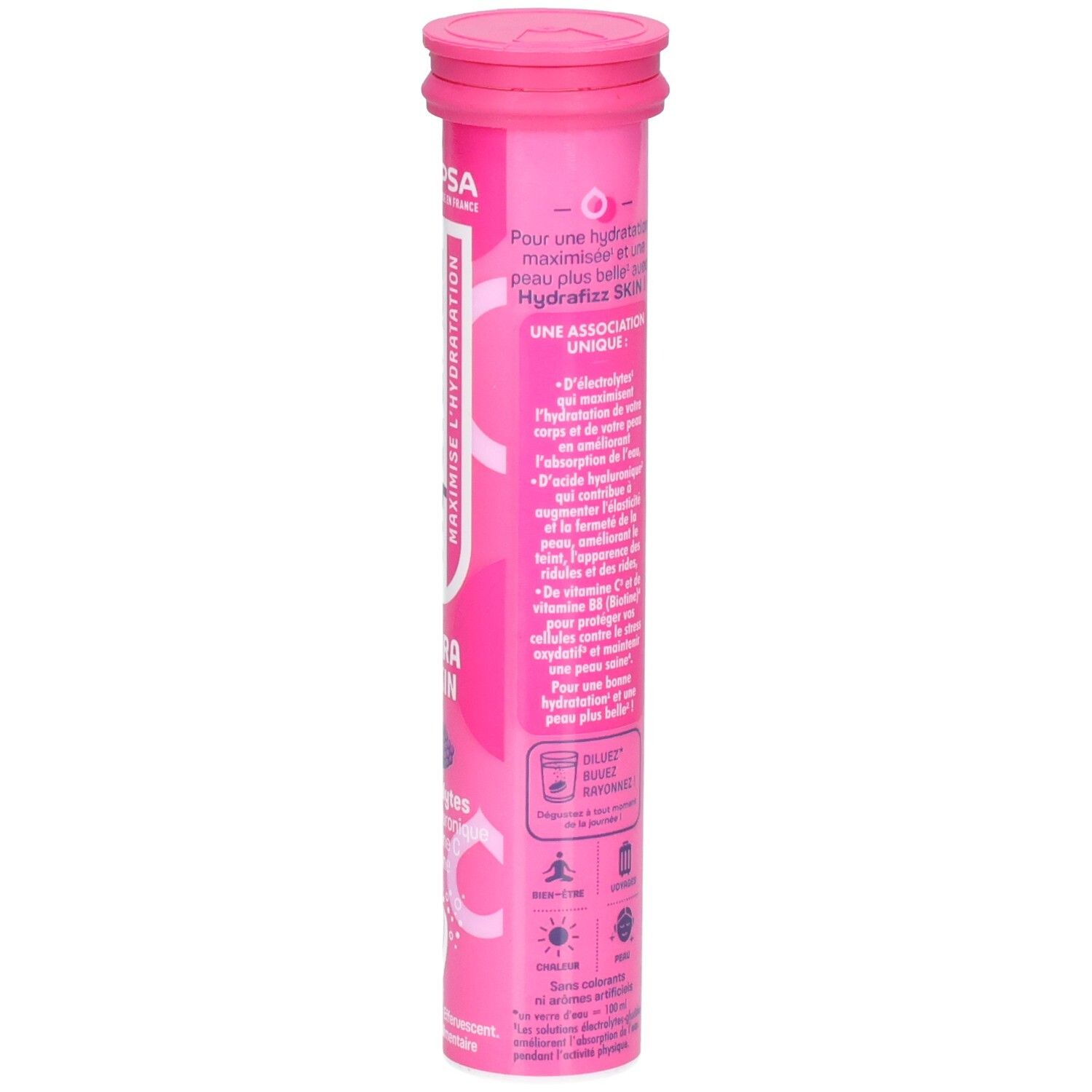 Vue latérale du tube rose. Texte sur l'utilisation, les ingrédients, les informations nutritionnelles et les informations du fabricant. Symboles.