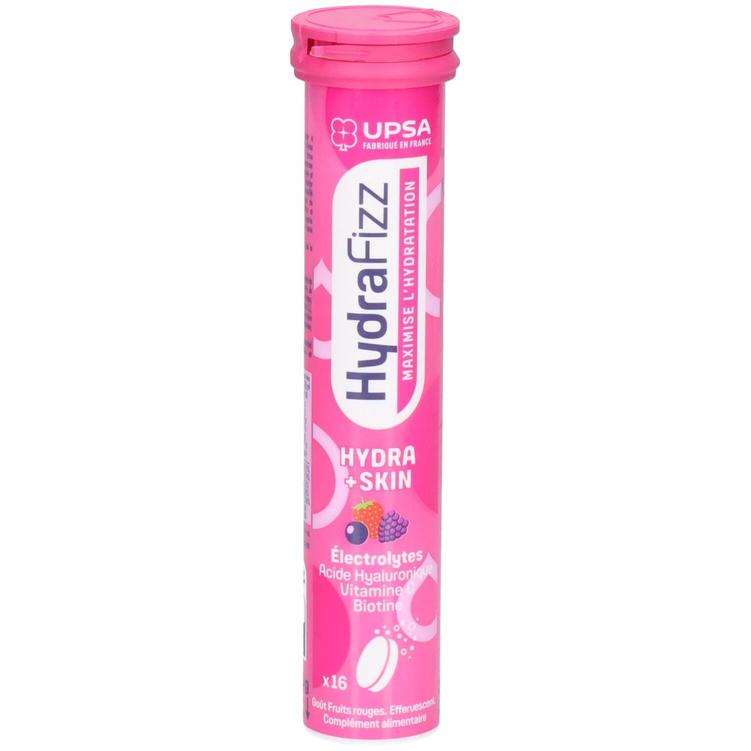 Tube rose de comprimés effervescents. Inscription HydraFizz, Hydra+Skin, Électrolytes, Acide hyaluronique, Vitamines, Biotine. 16 comprimés.