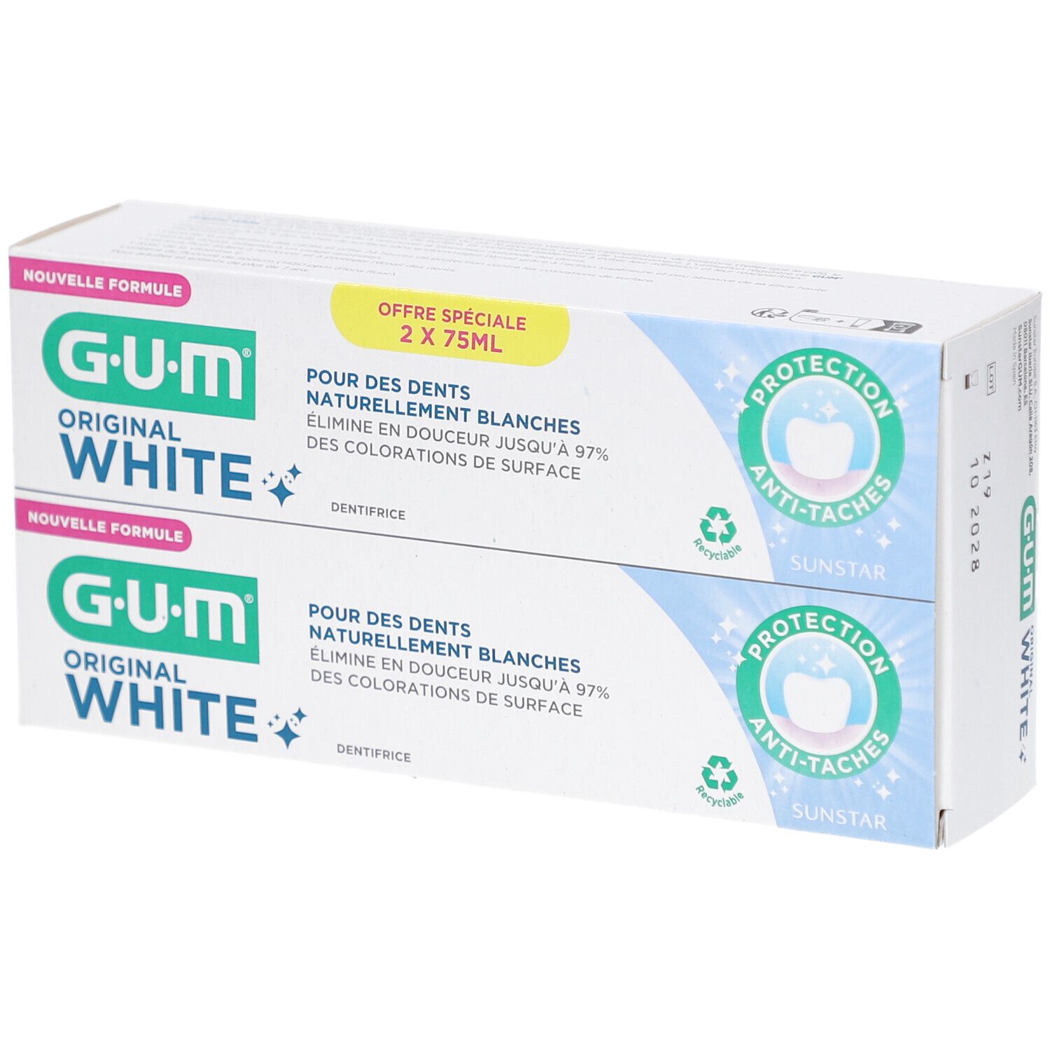 Boîte de dentifrice G.U.M Original White, 2 tubes. Texte: Pour des dents naturellement blanches. Emballage blanc et bleu.