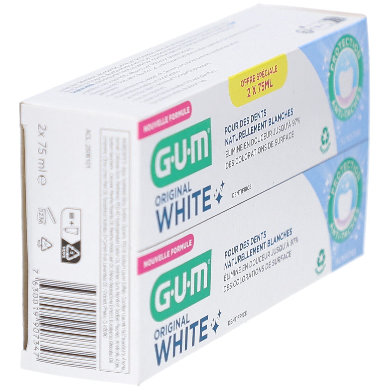 Boîte de dentifrice G.U.M Original White en biais. Texte: Pour des dents naturellement blanches. Emballage blanc et bleu.