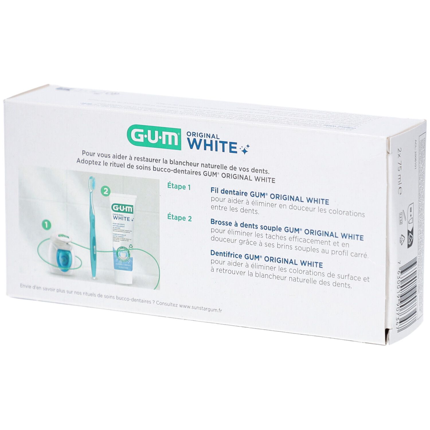 Dos de la boîte de dentifrice G.U.M Original White. Illustration de brosse à dents, fil dentaire et tube de dentifrice.