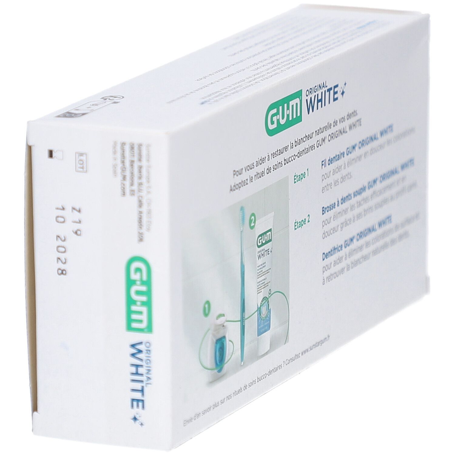 Dos de la boîte de dentifrice G.U.M Original White en biais. Illustration de brosse à dents, fil dentaire et tube.