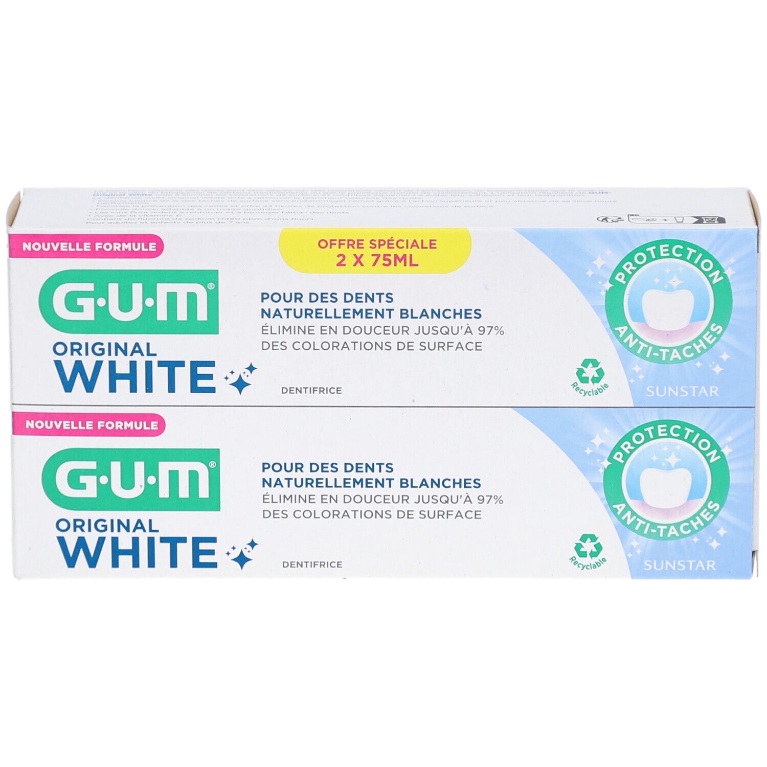 Boîte de dentifrice G.U.M Original White, 2 tubes. Texte: Pour des dents naturellement blanches. Emballage blanc et bleu.