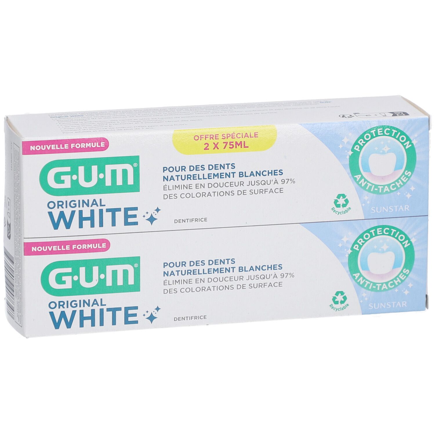 Boîte de dentifrice G.U.M Original White, 2 tubes. Texte: Pour des dents naturellement blanches. Emballage blanc et bleu.
