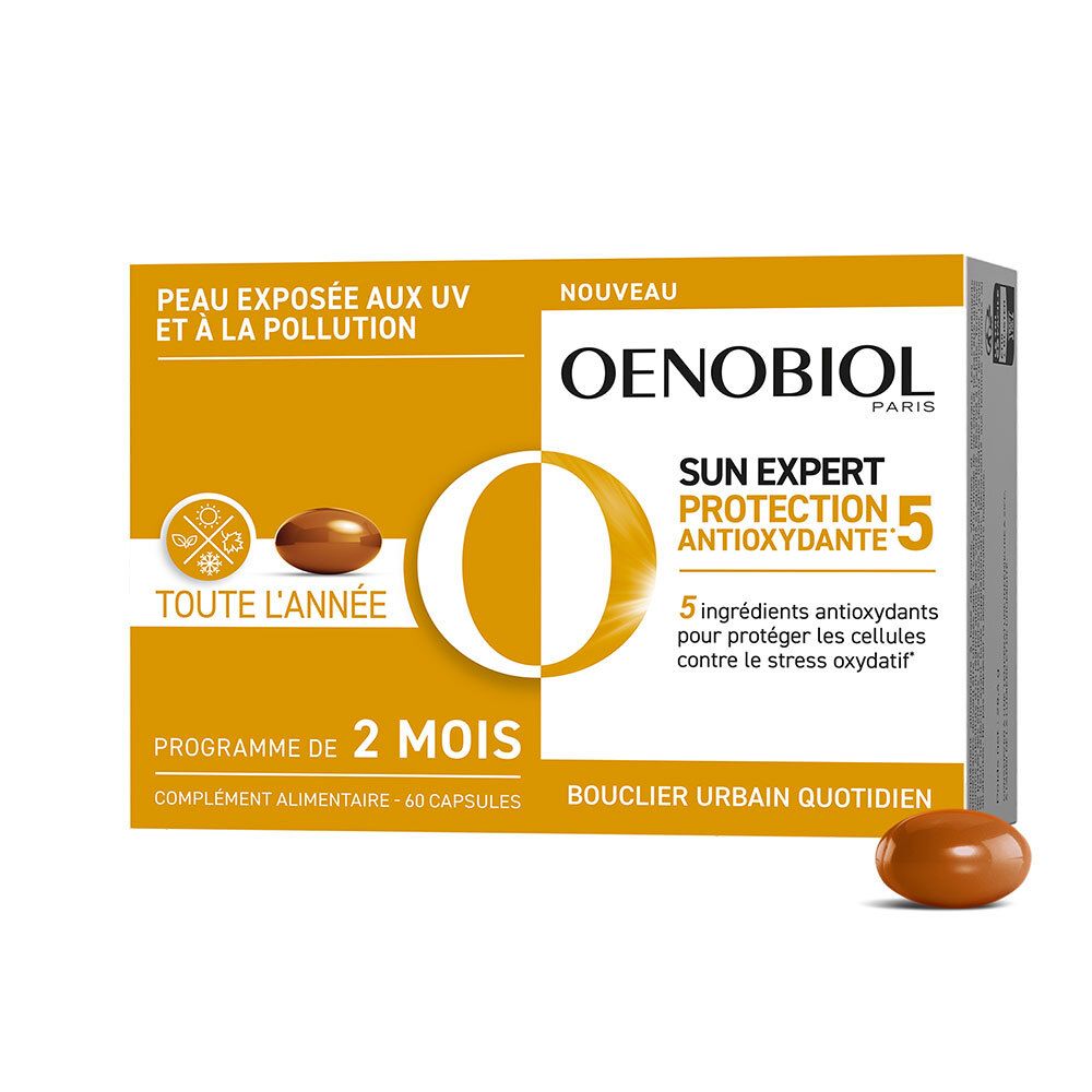 OENOBIOL Sun Expert Protection Antioxydante 5. Capsule et emballage bruns. 60 capsules. Pour la peau exposée aux UV et à la pollution.