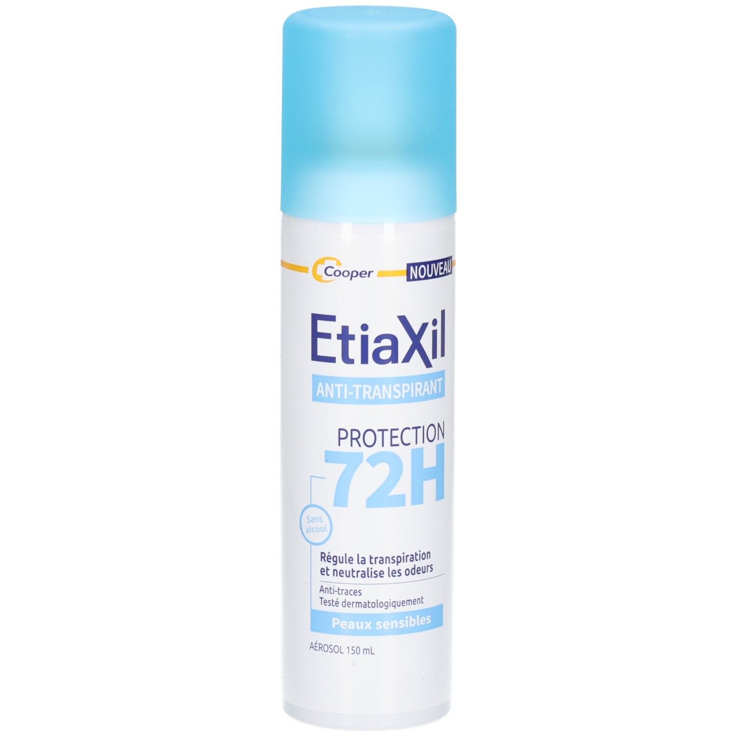 Aérosol avec bouchon bleu. Inscription: Etiaxil, anti-transpirant, Protection 72H. Texte: Régule la transpiration et neutralise les odeurs.