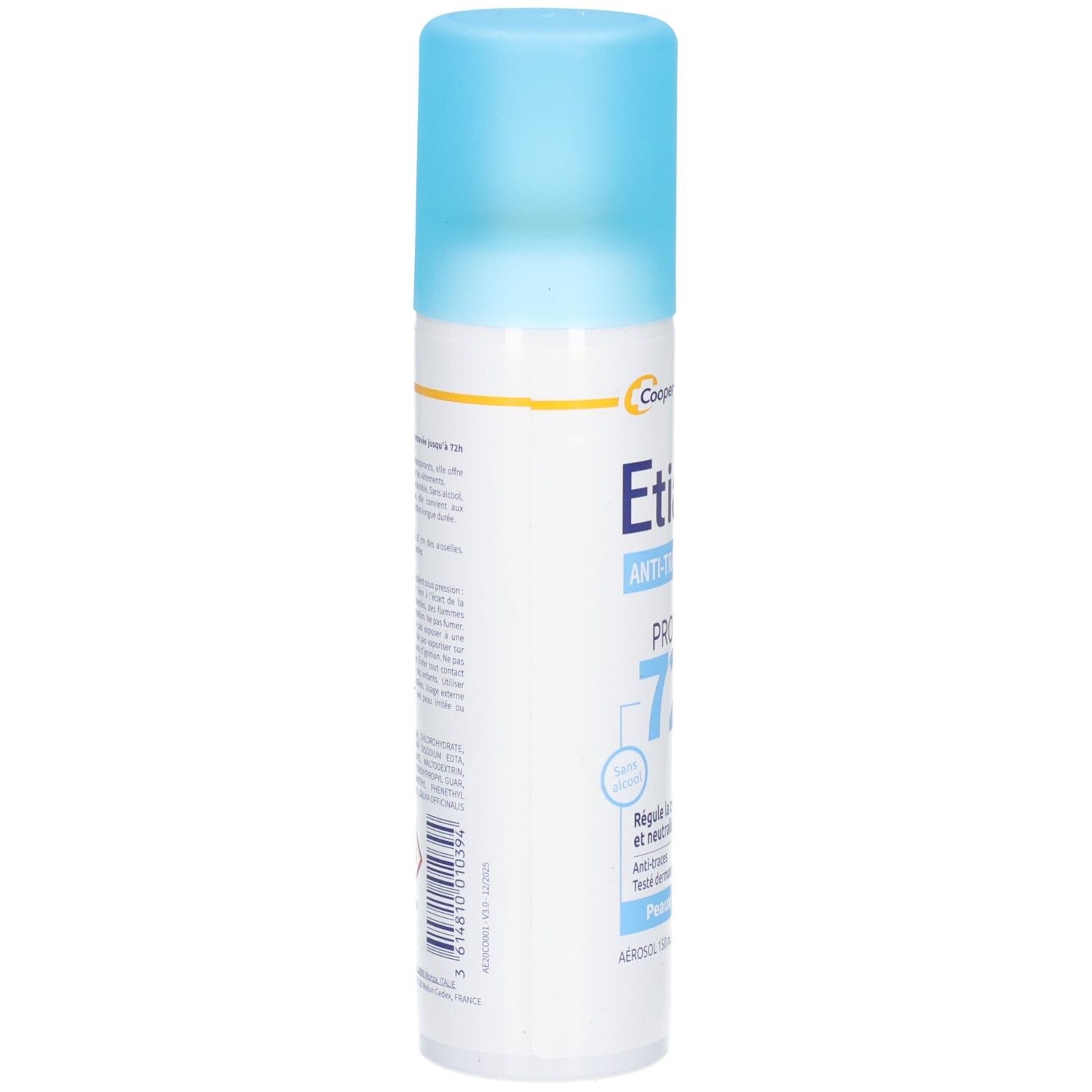 Aérosol, vue latérale. Inscription: Etiaxil, anti-transpirant, Protection 72H. Texte et informations d'utilisation.