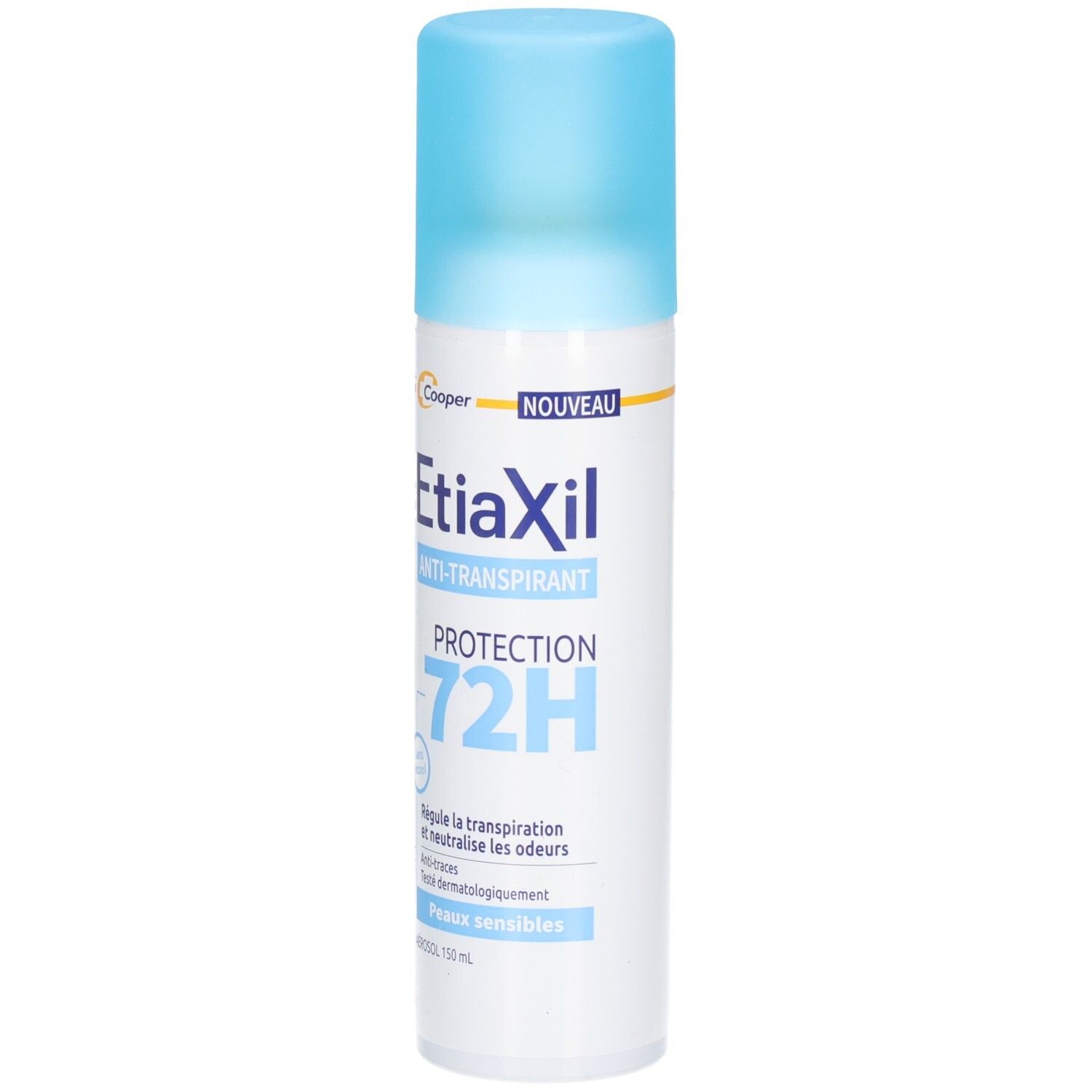 Aérosol avec bouchon bleu. Inscription: Etiaxil, anti-transpirant, Protection 72H. Texte: Régule la transpiration et neutralise les odeurs.