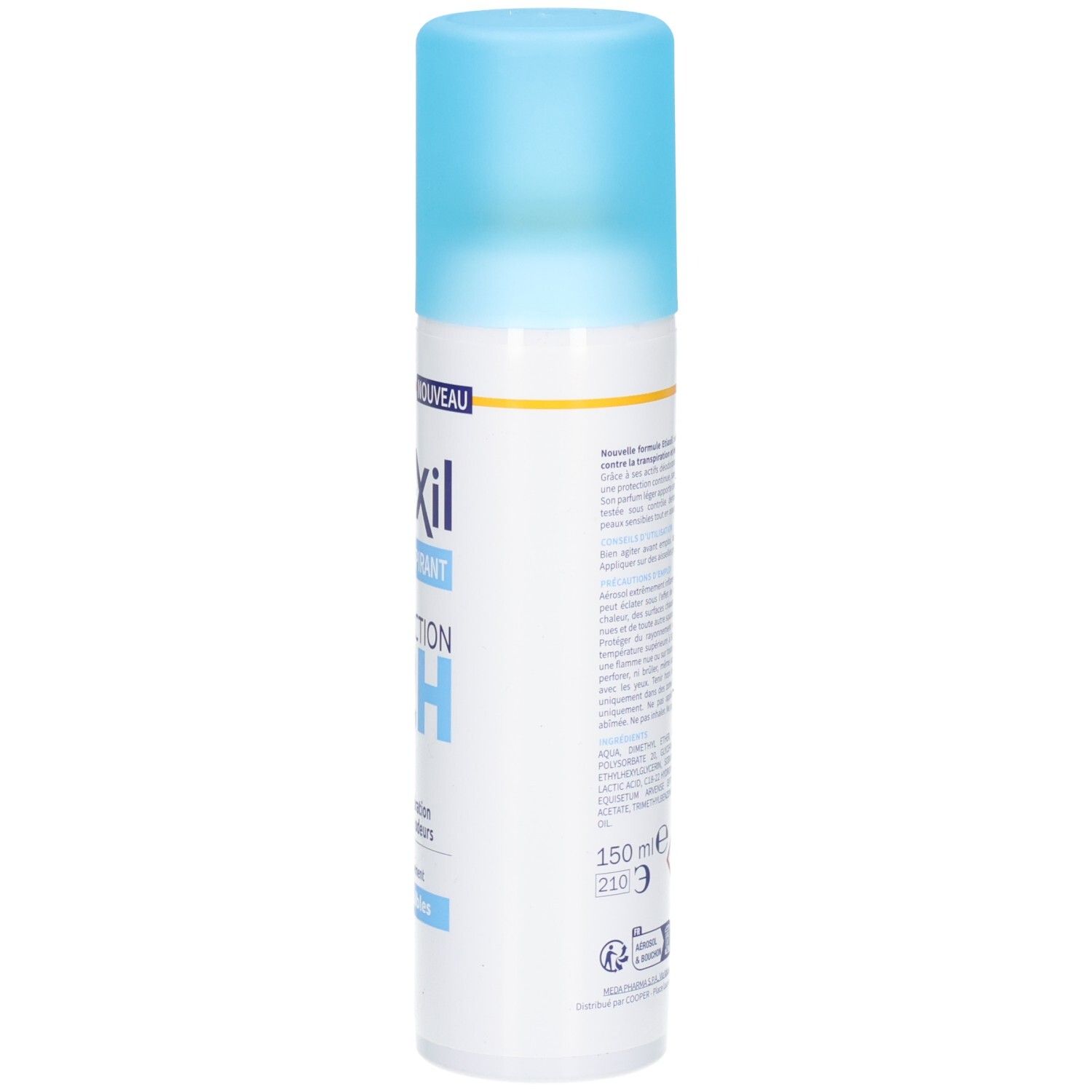 Aérosol, vue latérale. Inscription: Etiaxil, anti-transpirant, Protection 72H. Texte et volume: 150 ml.