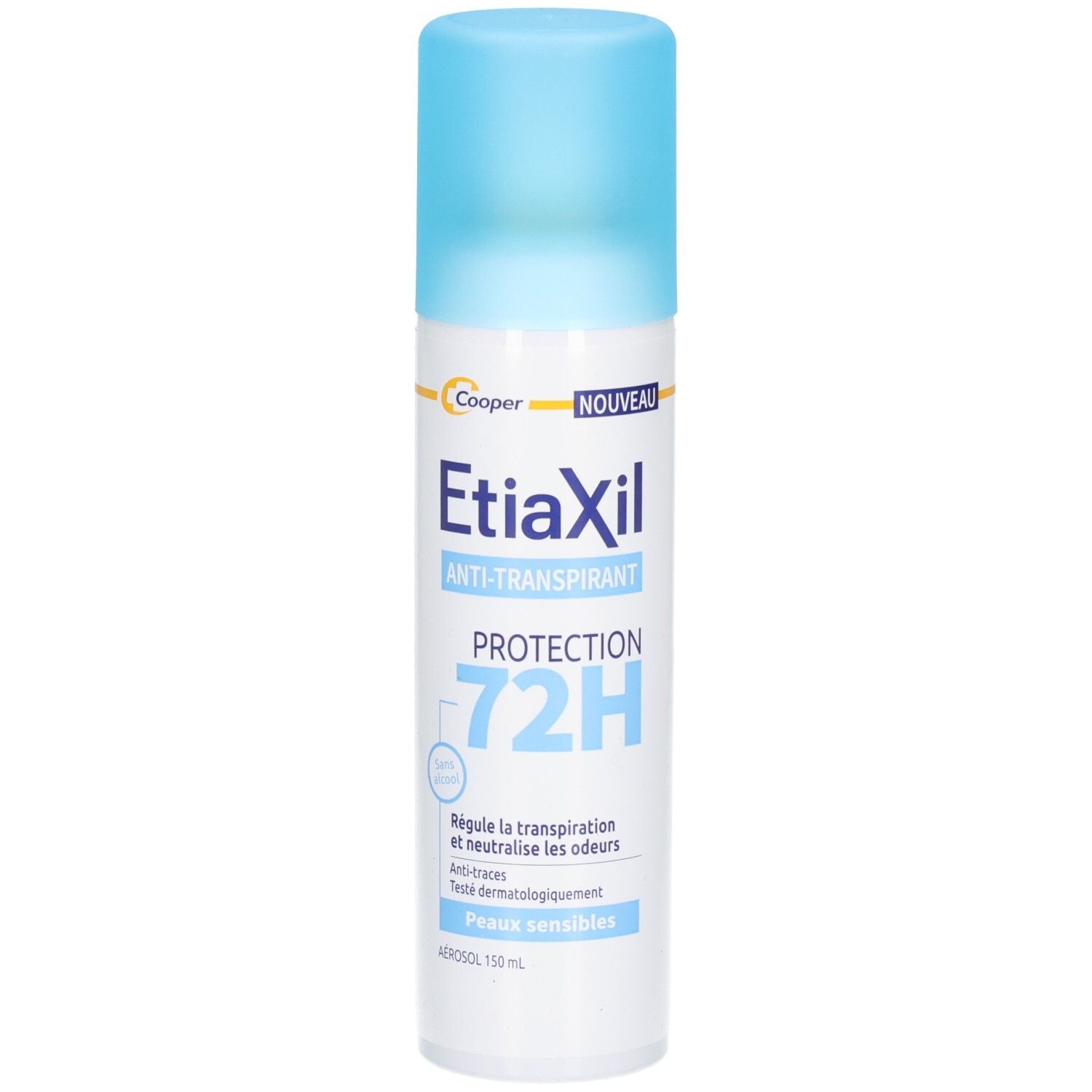 Aérosol avec bouchon bleu. Inscription: Etiaxil, anti-transpirant, Protection 72H. Texte: Régule la transpiration et neutralise les odeurs.