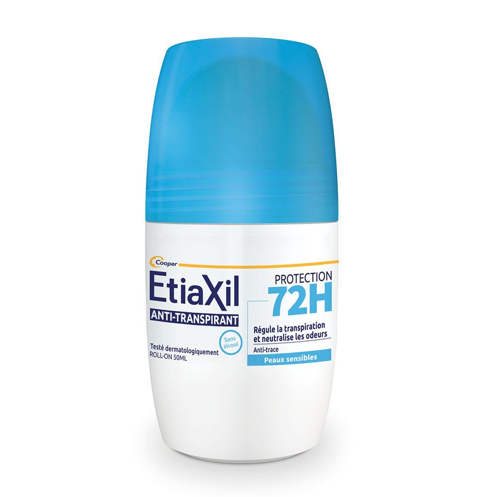 Etiaxil Anti-Transpirant Roll-On Protection 72H. Flacon blanc avec capuchon bleu.
