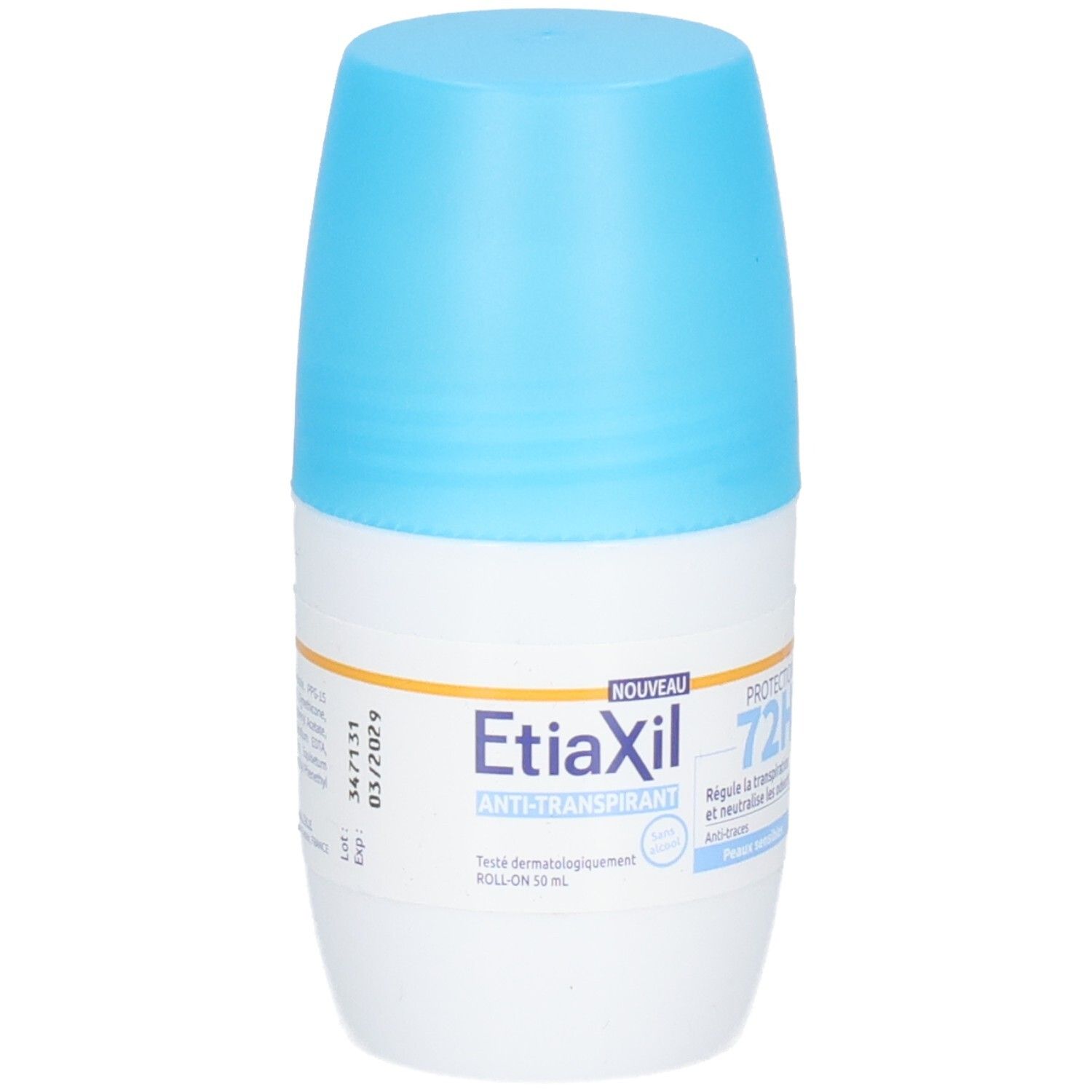 Déodorant roll-on avec bouchon bleu. Inscription : Etiaxil, Anti-transpirant, 72H. Contenance : 50 ml.