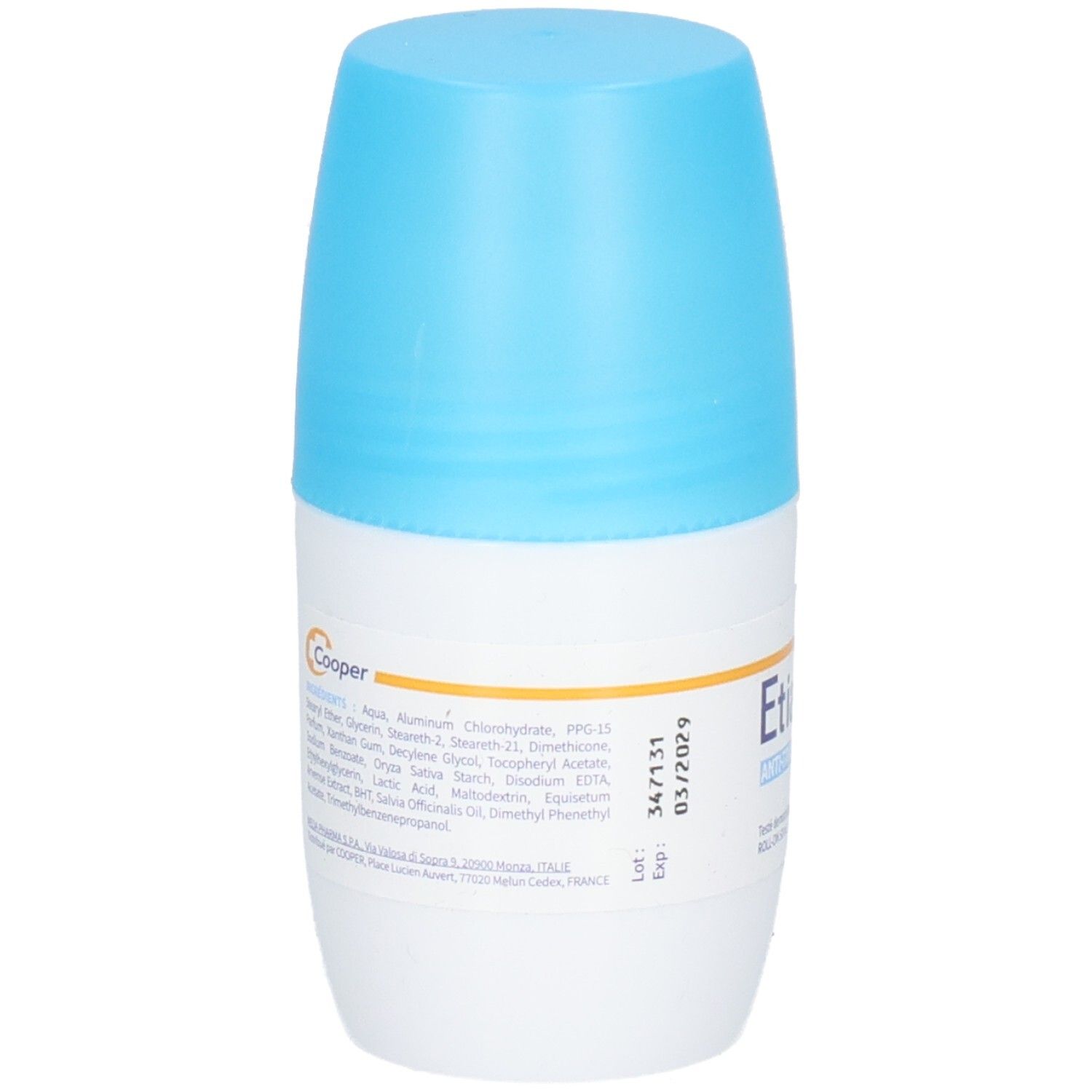 Dos du déodorant roll-on. Liste des ingrédients et informations du fabricant. Bouchon bleu, flacon blanc.