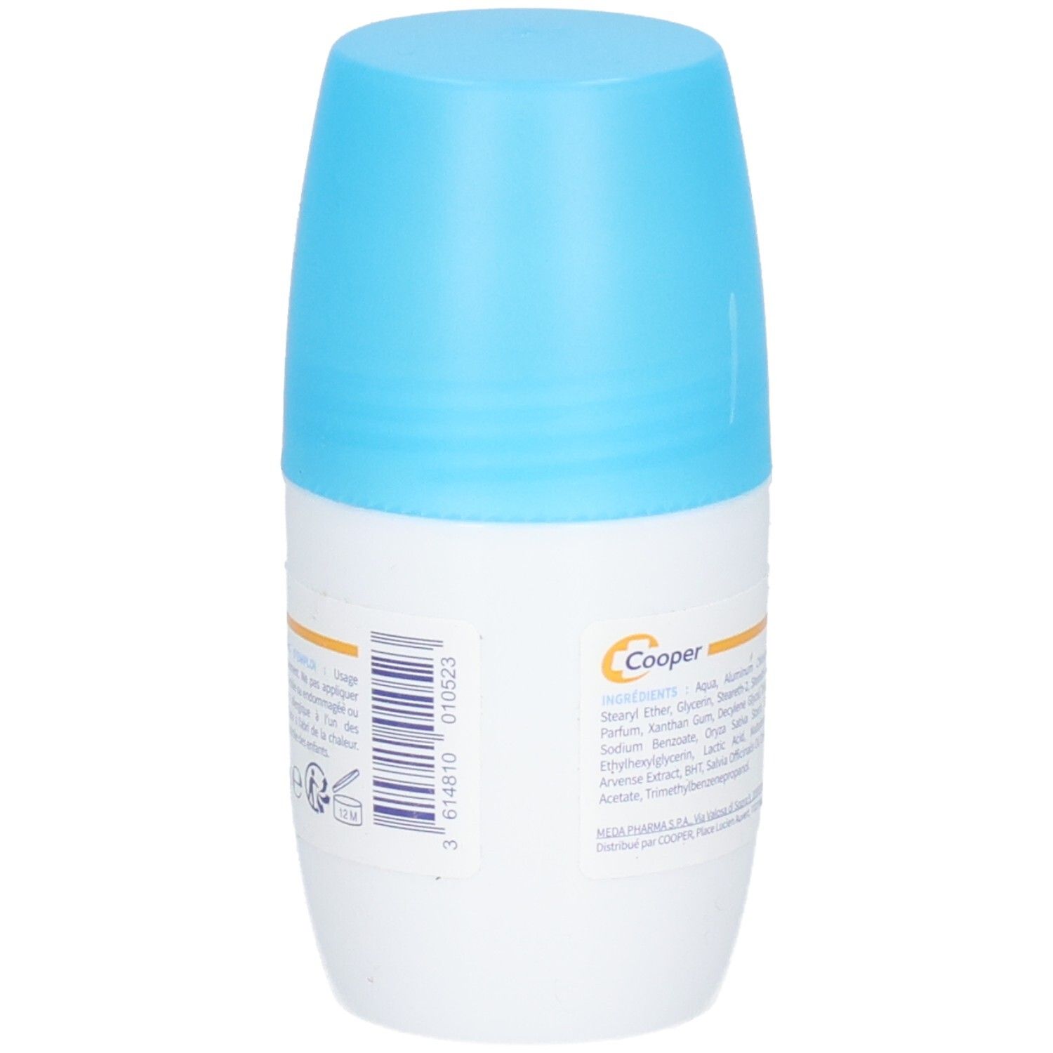 Dos du déodorant roll-on. Informations fabricant et code-barres. Bouchon bleu, flacon blanc.