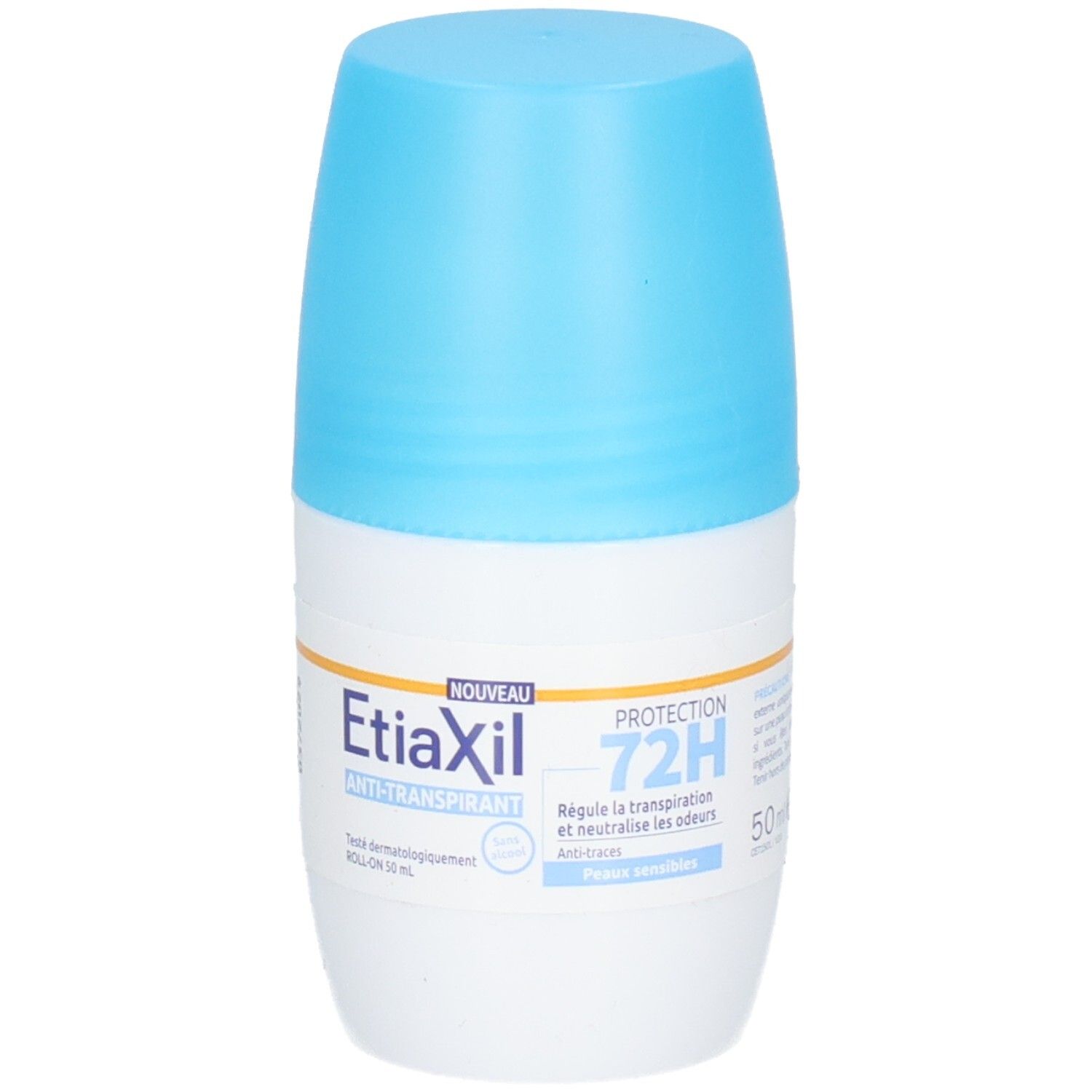 Déodorant roll-on avec bouchon bleu. Inscription : Etiaxil, Anti-transpirant, 72H. Peau sensible.