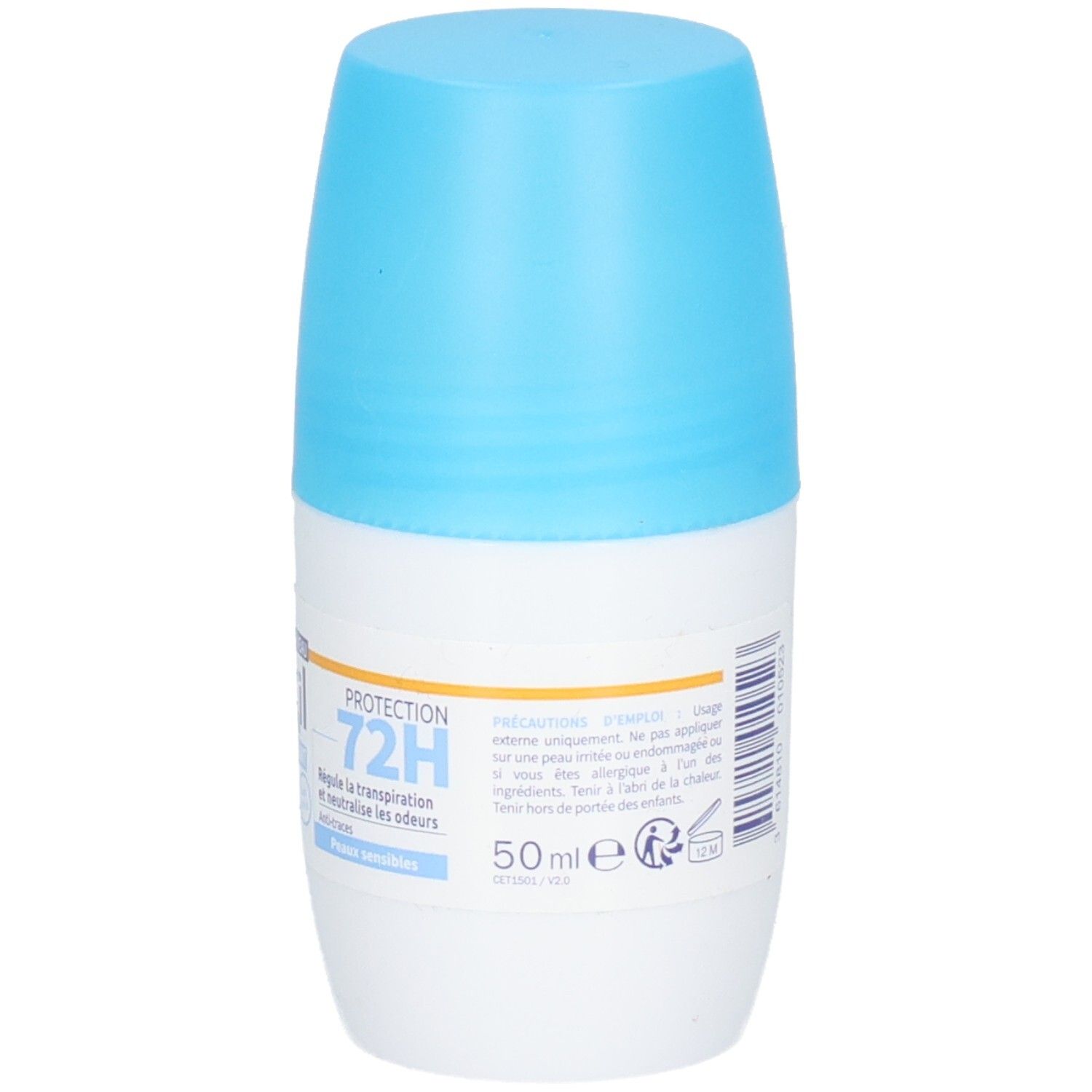 Déodorant roll-on avec bouchon bleu. Inscription : 72H, 50 ml. Avertissements et symboles.