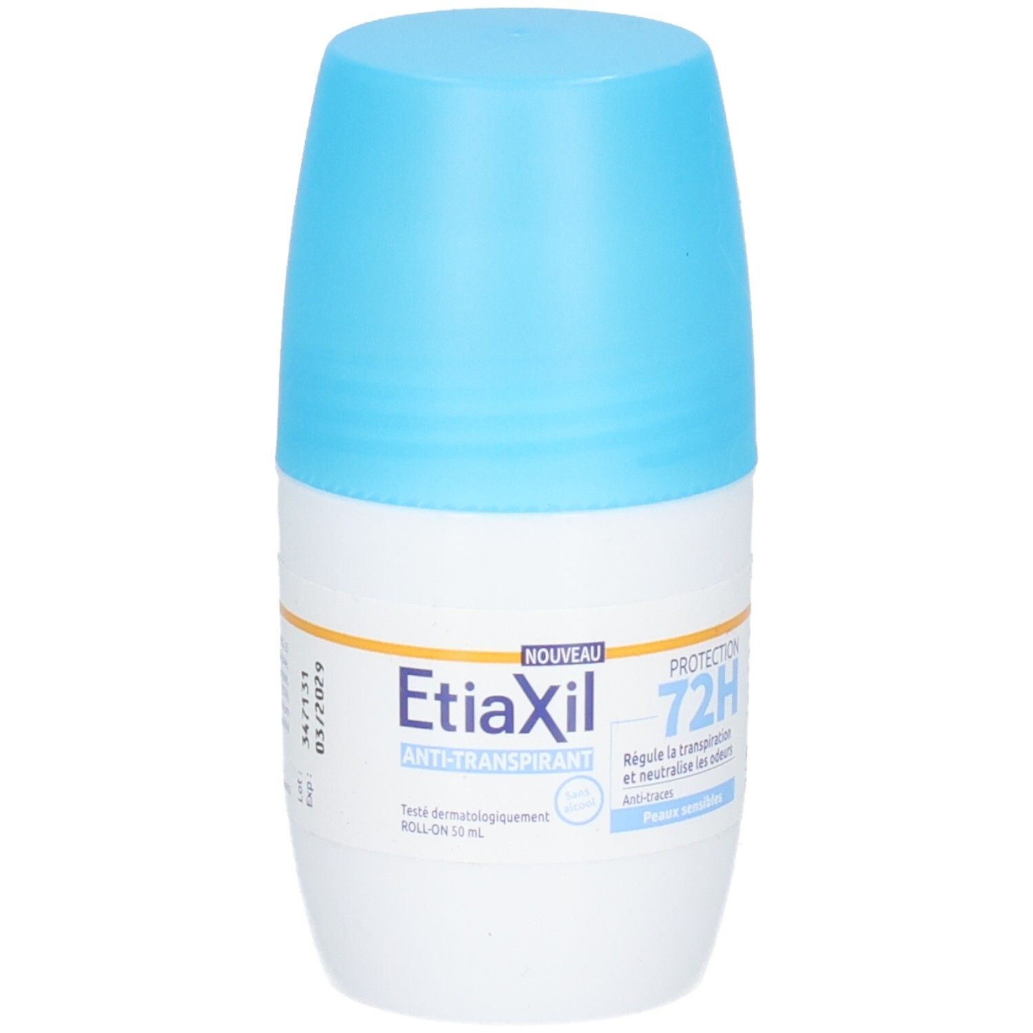Déodorant roll-on avec bouchon bleu. Inscription : Etiaxil, Anti-transpirant, 72H. Date de péremption.