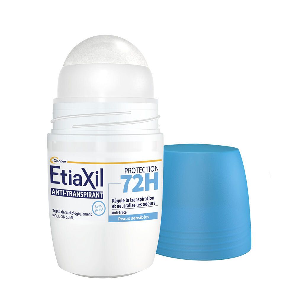 Etiaxil Anti-Transpirant Roll-On ouvert. Flacon blanc avec capuchon bleu à côté.