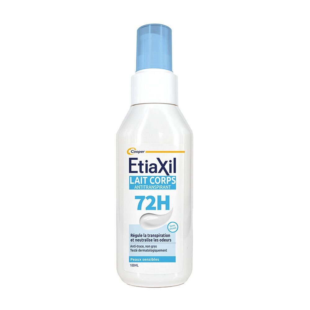 Etiaxil Lait Corps Anti-transpirant 72h avec pompe. Flacon blanc avec bouchon bleu.