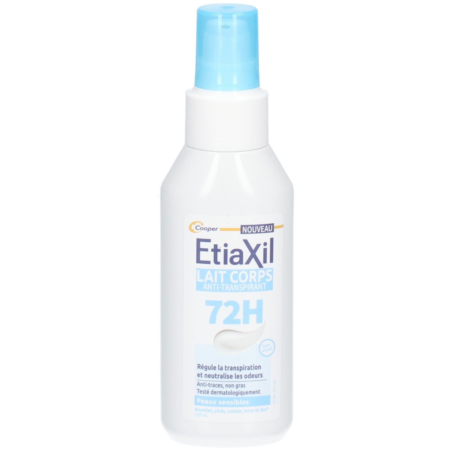 Flacon blanc, bouchon bleu. Inscription: Etiaxil, Lait Corps, 72H. Anti-transpirant.