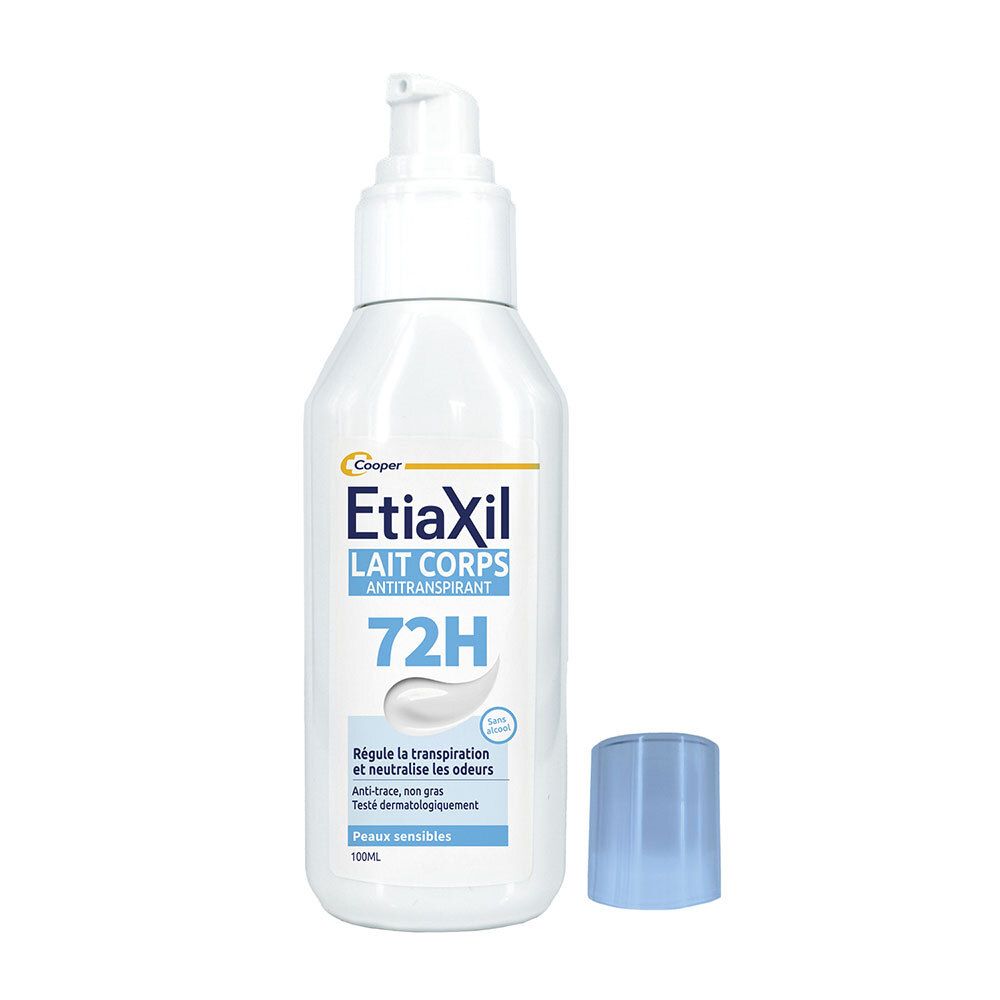 Etiaxil Lait Corps Anti-transpirant 72h, pompe ouverte. Flacon blanc avec bouchon bleu.