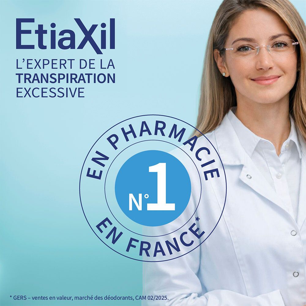 Médecin souriant avec lunettes. Logo Etiaxil et "N°1 en France".