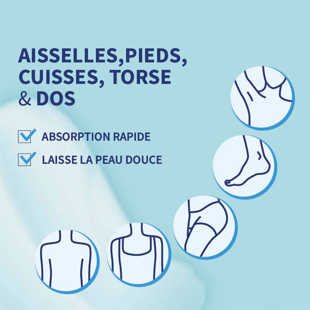 Zones d'application: Aisselles, pieds, torse, dos. Absorption rapide, laisse la peau douce.