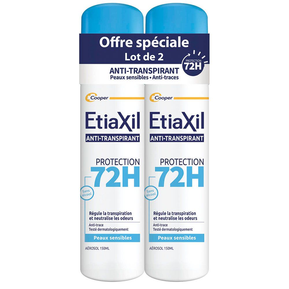 Deux aérosols Etiaxil Anti-transpirant Protection 72H pour peaux sensibles.