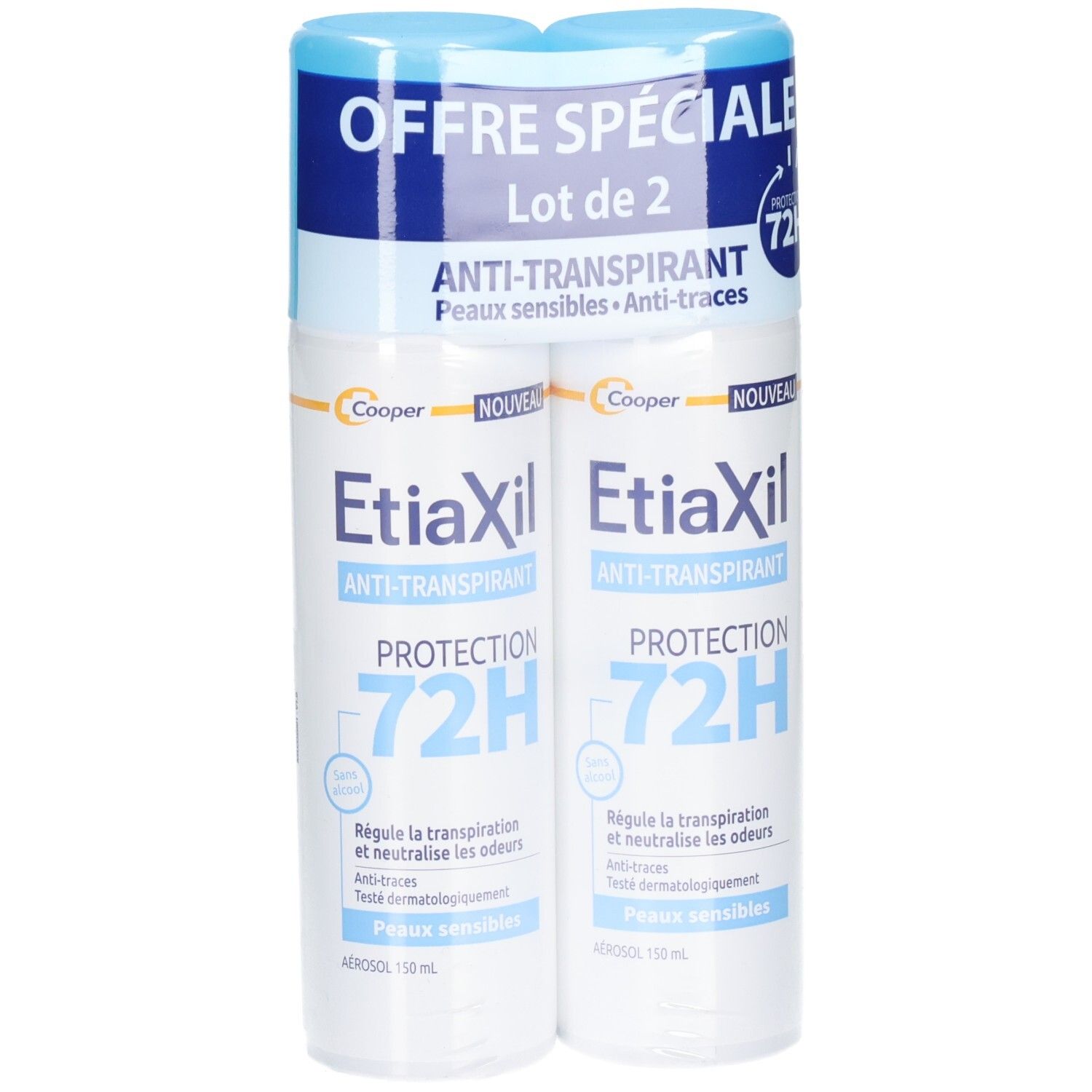 Lot de deux aérosols Etiaxil Anti-Transpirant. Emballage bleu et blanc. Inscription: Offre Spéciale, Lot de 2, Protection 72H.