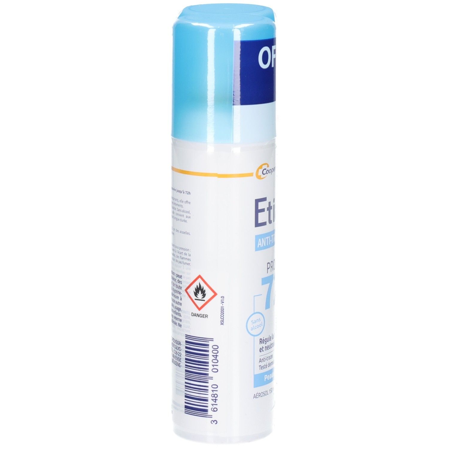 Aérosol Etiaxil Anti-Transpirant. Boîte blanche avec couvercle bleu. Inscription: Etiaxil, Protection 72H. Avertissement: facilement inflammable.