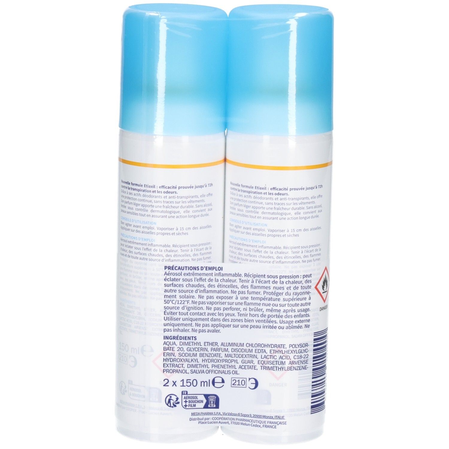 Dos du lot de deux aérosols Etiaxil Anti-Transpirant. Contient ingrédients et précautions. 2 x 150 ml.