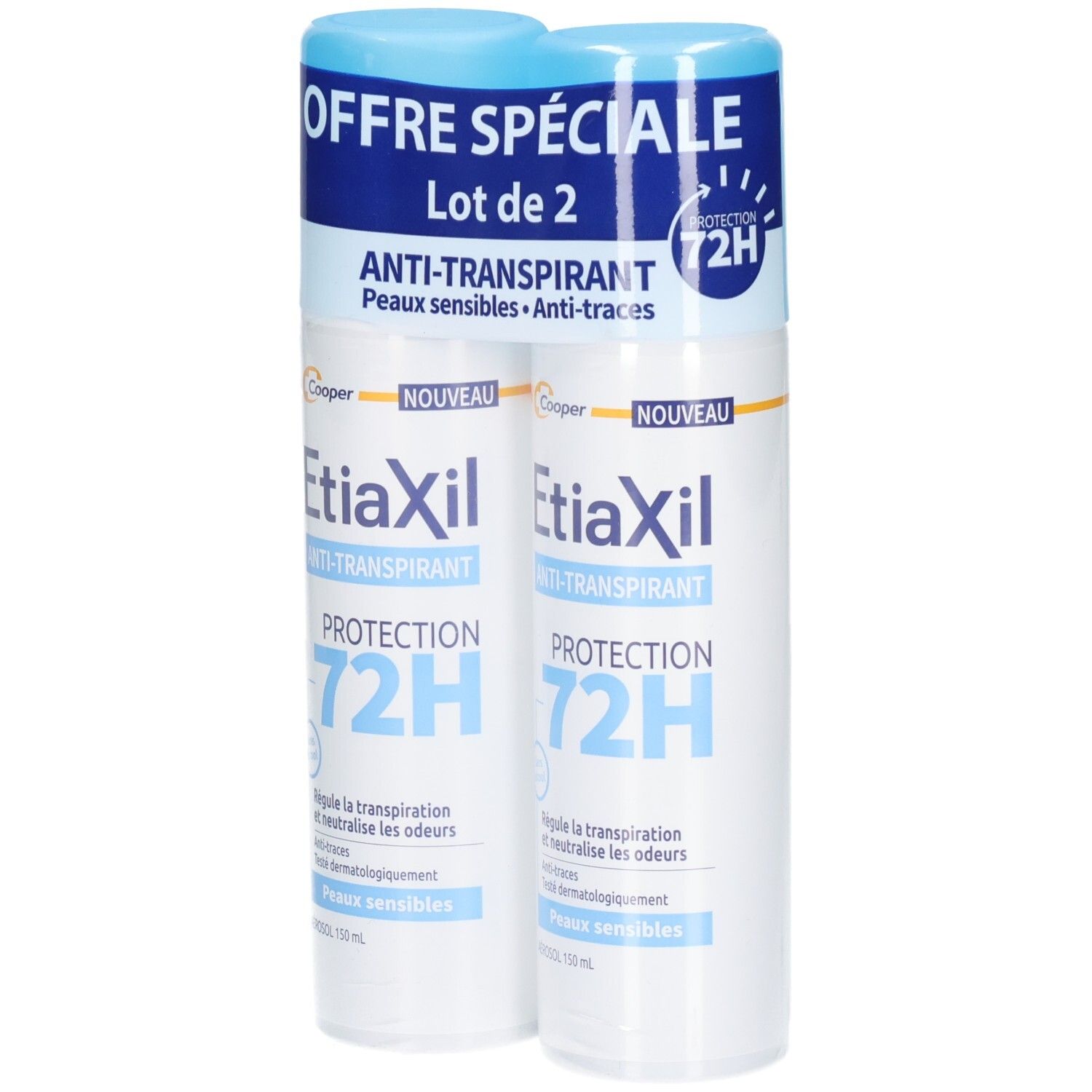 Lot de deux aérosols Etiaxil Anti-Transpirant. Emballage bleu et blanc. Inscription: Offre Spéciale, Lot de 2, Protection 72H.