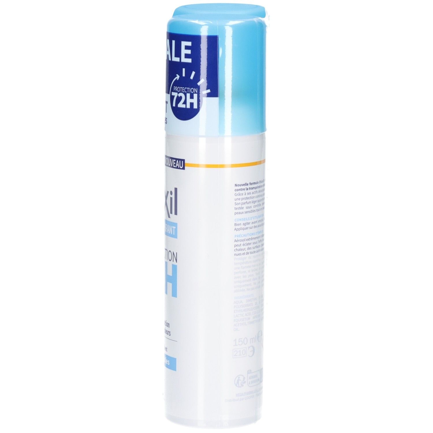Aérosol Etiaxil Anti-Transpirant. Boîte blanche avec couvercle bleu. Inscription: Etiaxil, Protection 72H.