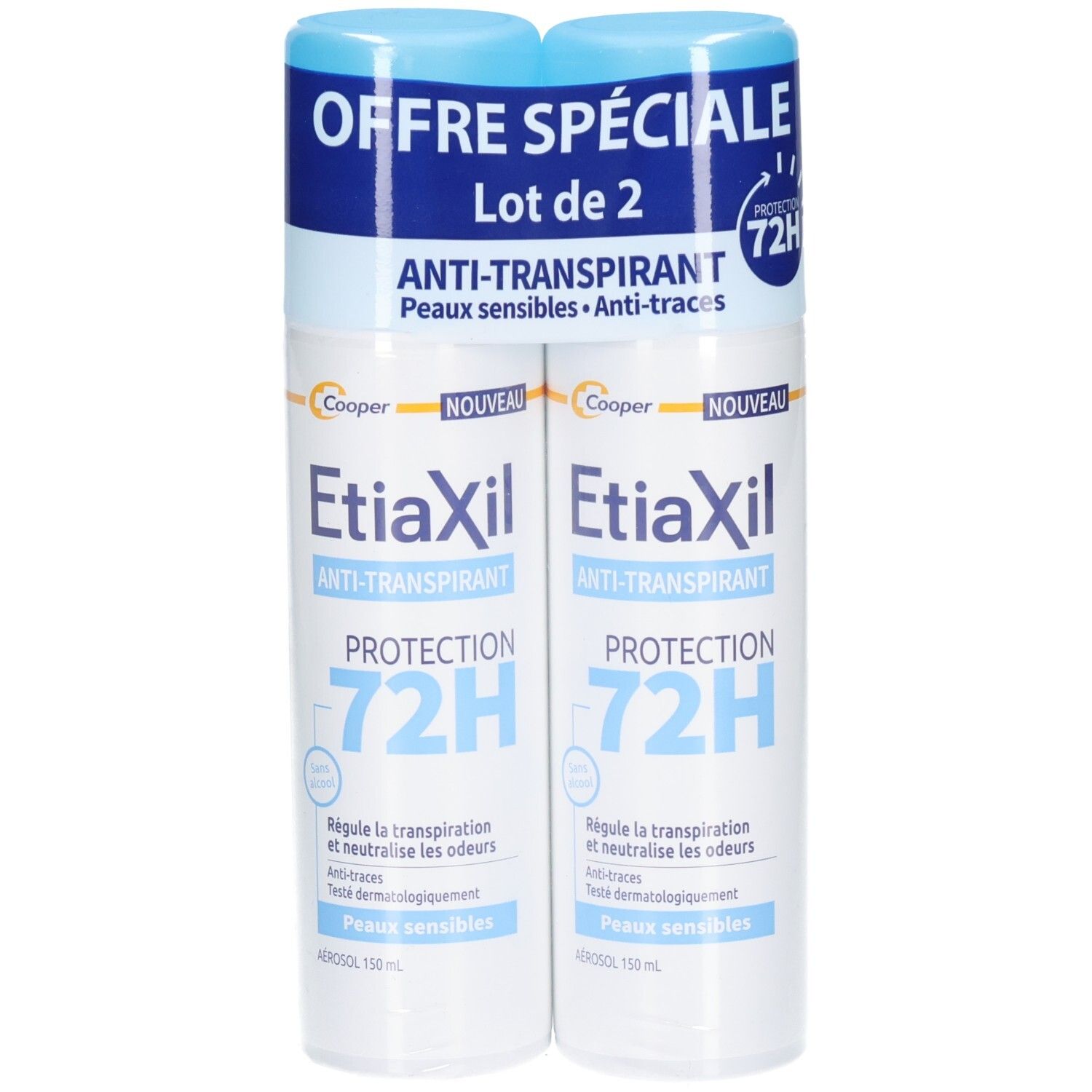 Lot de deux aérosols Etiaxil Anti-Transpirant. Emballage bleu et blanc. Inscription: Offre Spéciale, Lot de 2, Protection 72H.