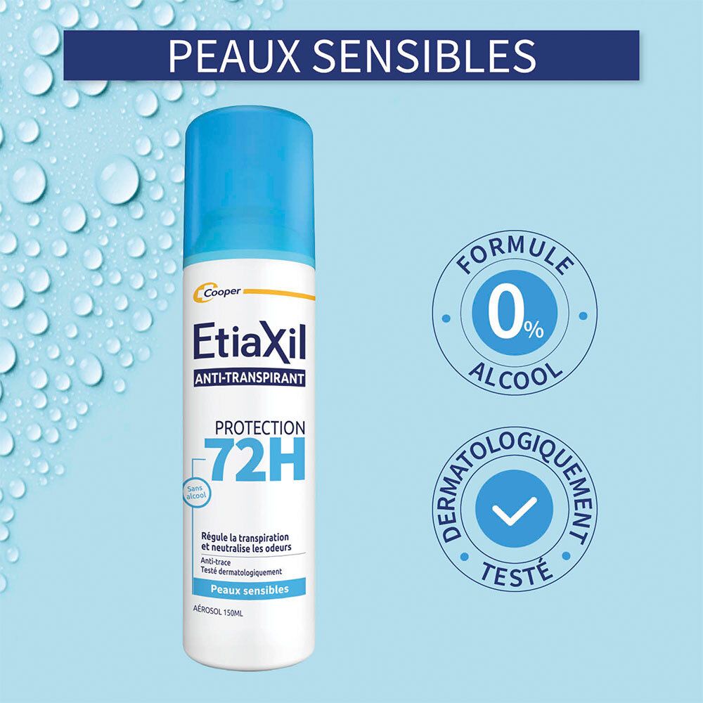 Aérosol Etiaxil Anti-transpirant peaux sensibles, 0% alcool, testé dermatologiquement.