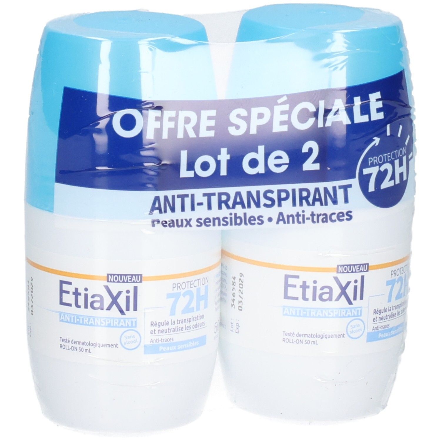 Lot de deux roll-ons sous film plastique. Inscription "OFFRE SPÉCIALE Lot de 2". Texte: "ANTI-TRANSPIRANT".