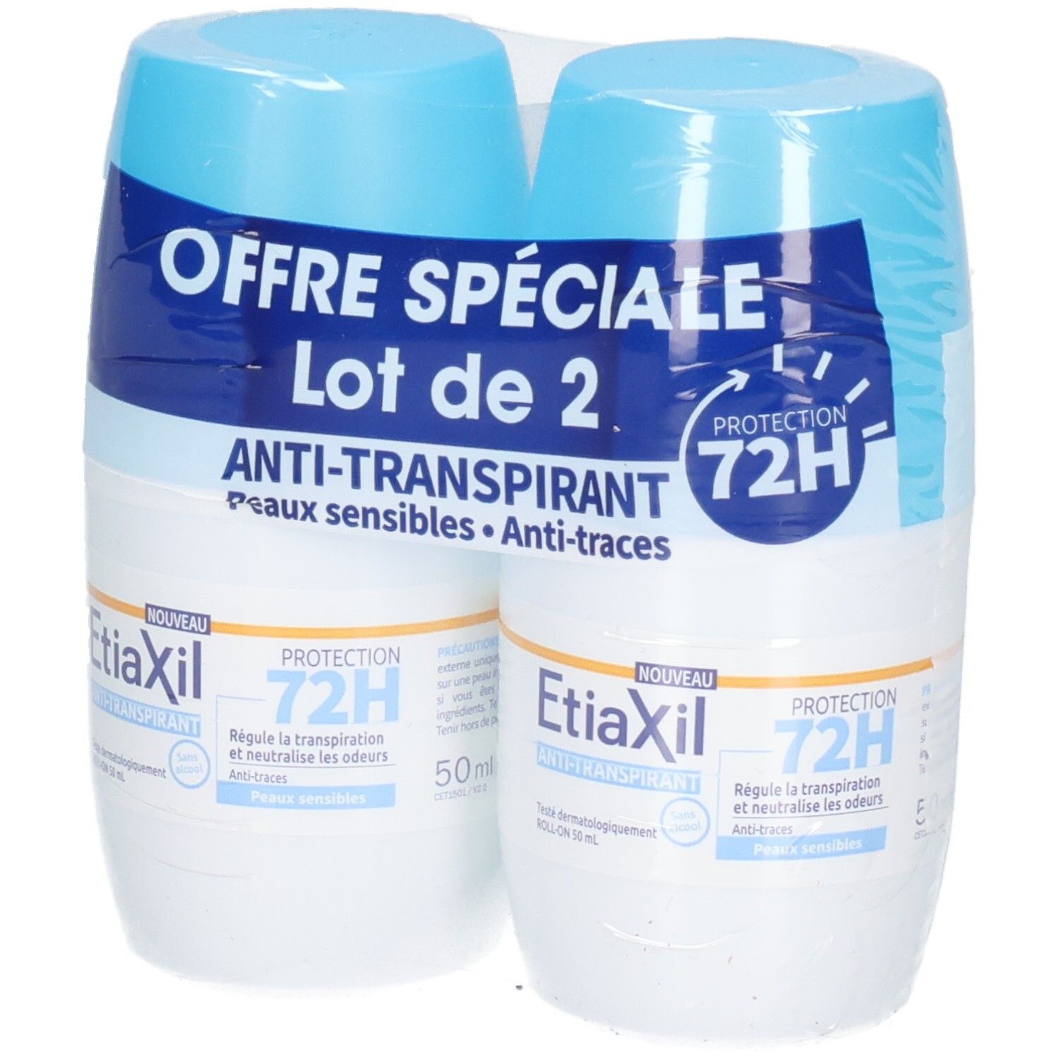 Lot de deux roll-ons sous film plastique. Inscription "OFFRE SPÉCIALE Lot de 2". Texte: "ANTI-TRANSPIRANT".
