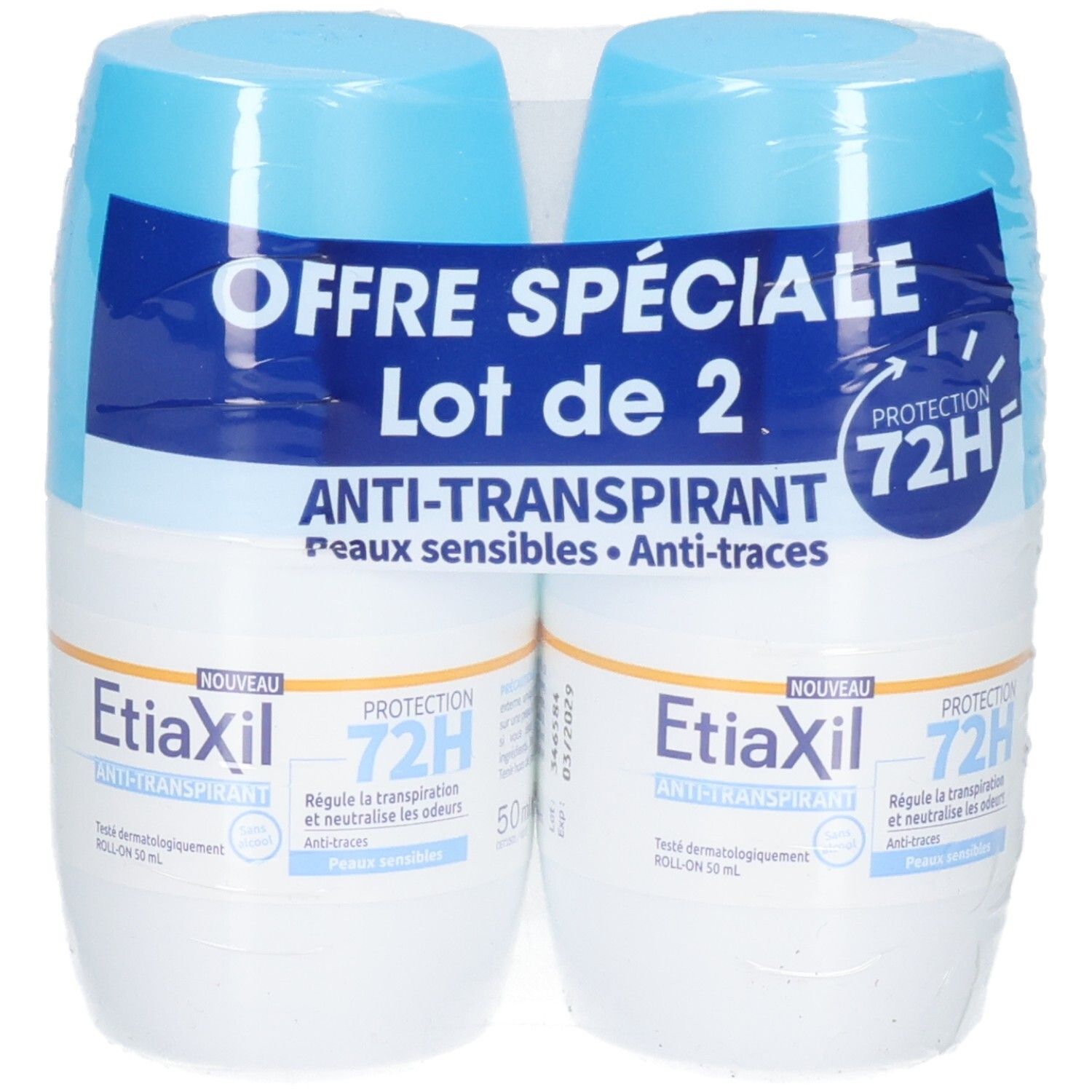 Lot de deux roll-ons sous film plastique. Inscription "OFFRE SPÉCIALE Lot de 2". Texte: "ANTI-TRANSPIRANT".
