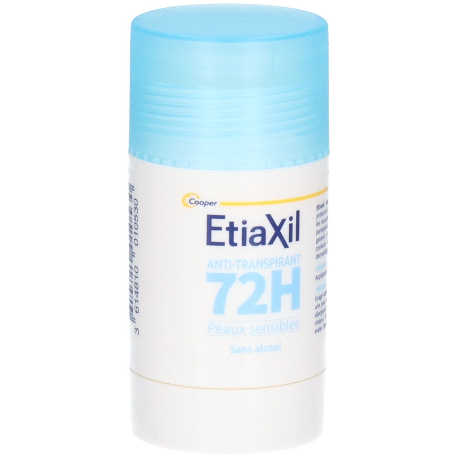 Stick déodorant avec bouchon bleu. Inscription: Etiaxil, Anti-transpirant, 72H, Peaux sensibles, Sans alcool.