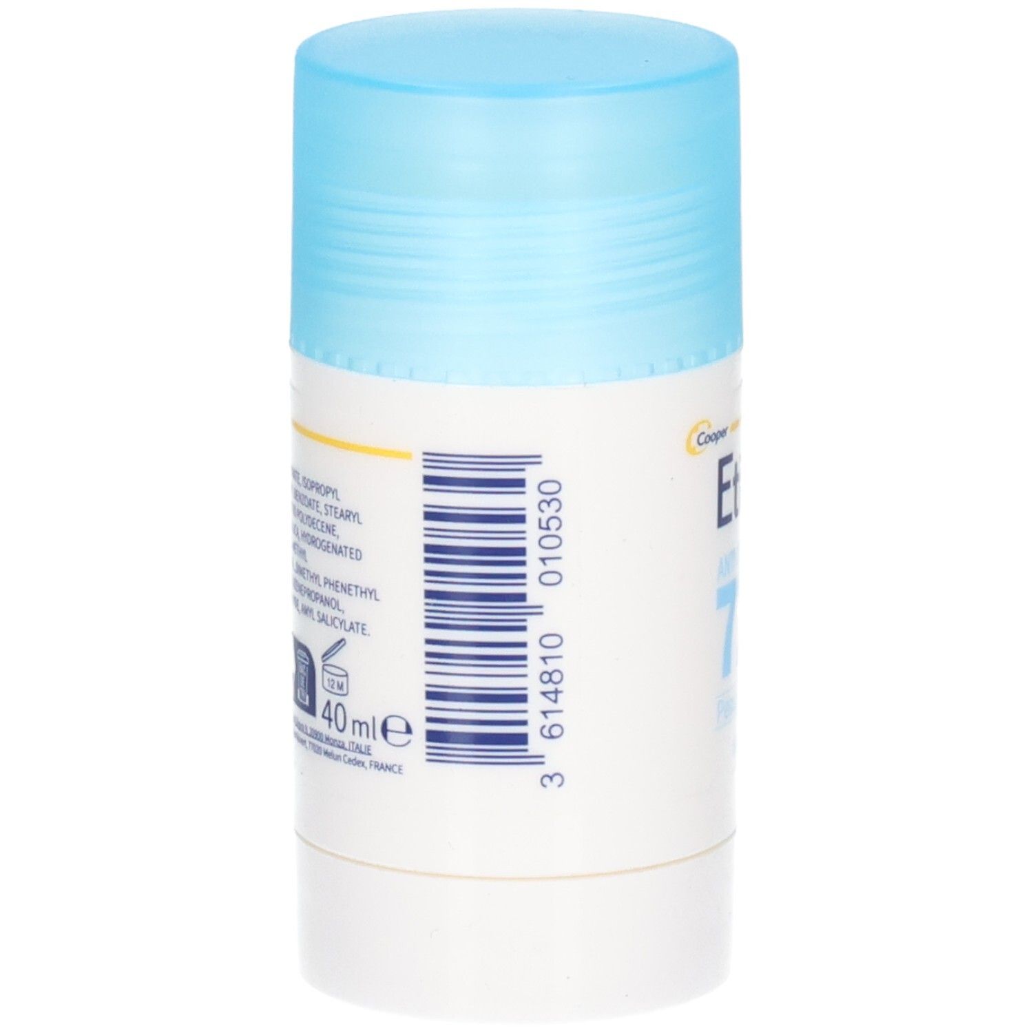 Dos du stick déodorant. Code-barres et ingrédients visibles. Volume: 40 ml.