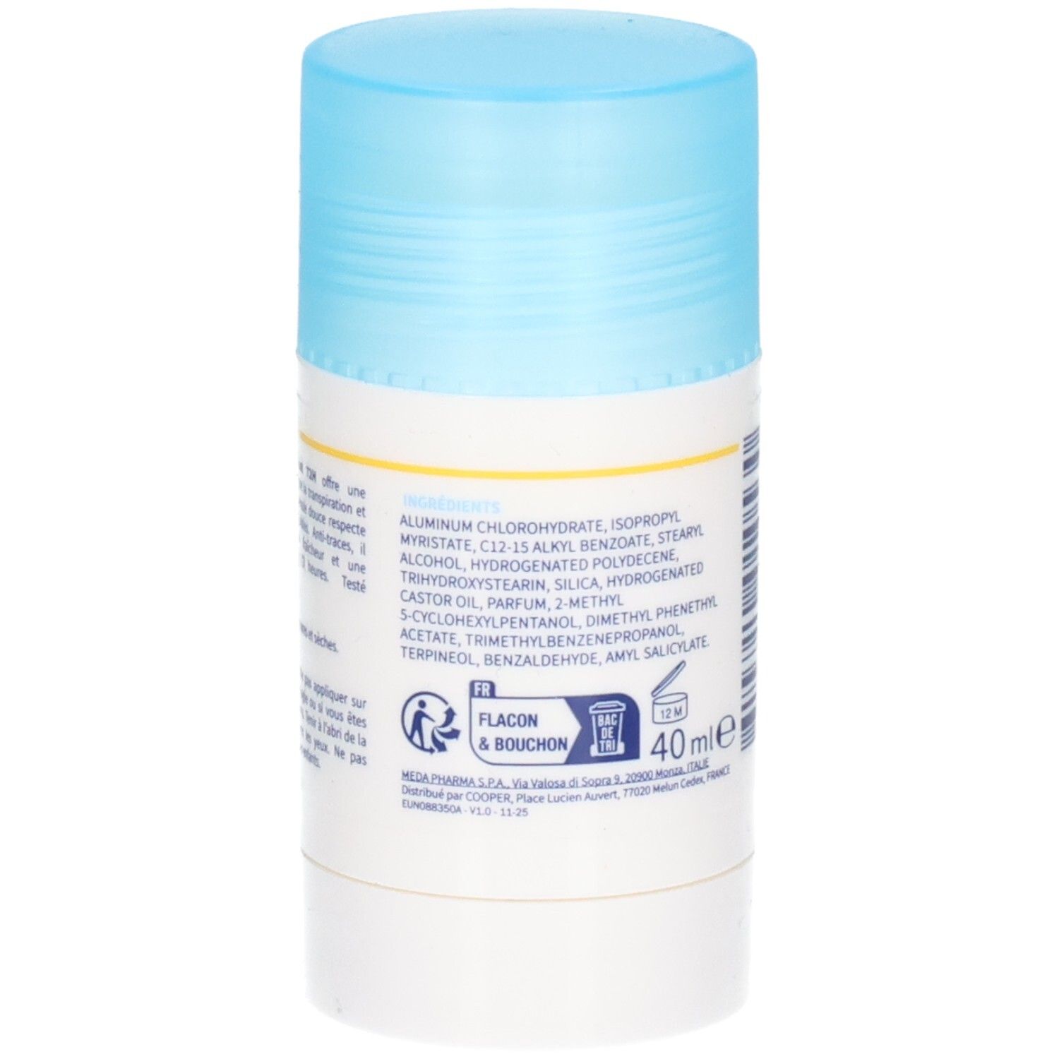 Dos du stick déodorant. Ingrédients et informations visibles. Volume: 40 ml.