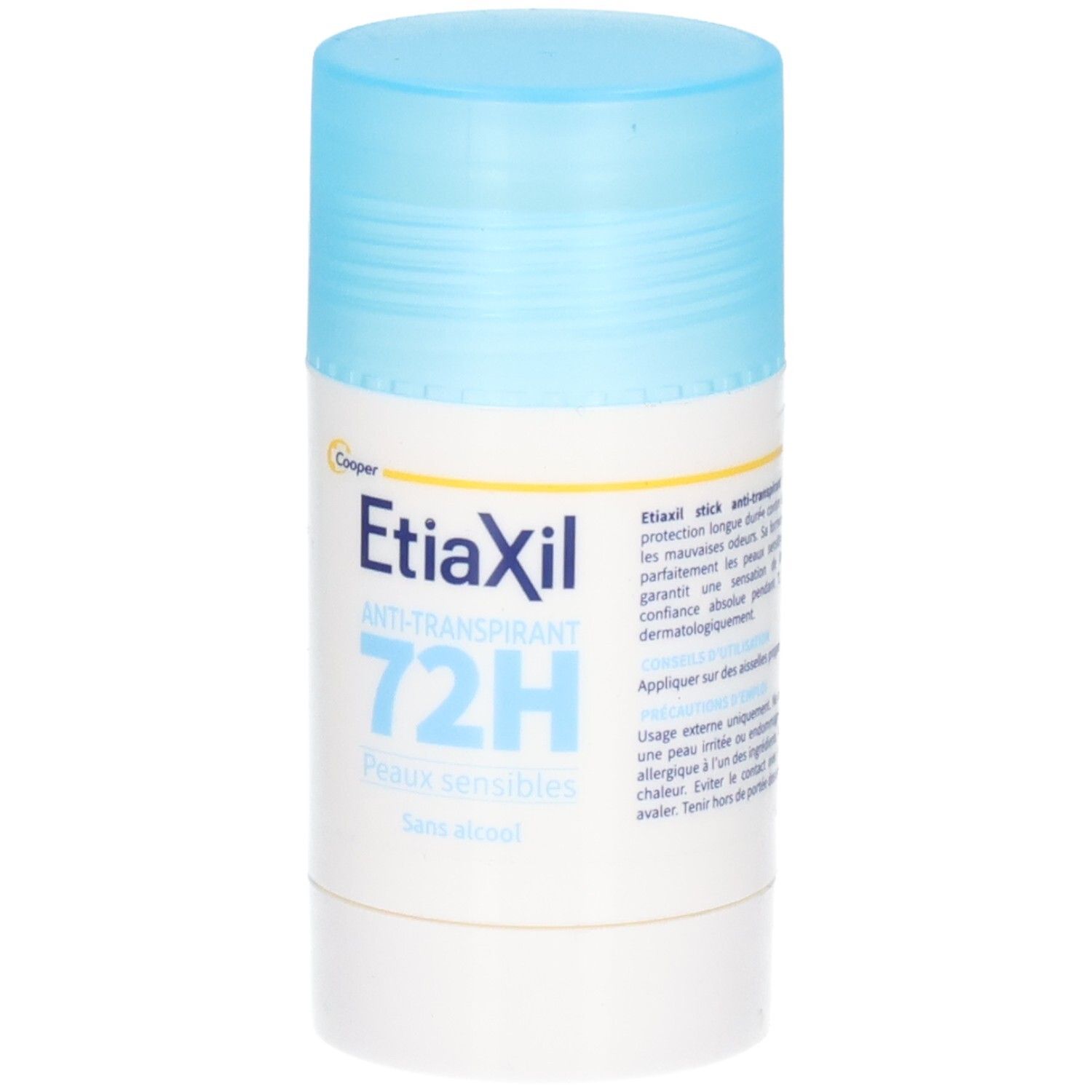 Stick déodorant avec bouchon bleu. Inscription: Etiaxil, Anti-transpirant, 72H, Peaux sensibles, Sans alcool.